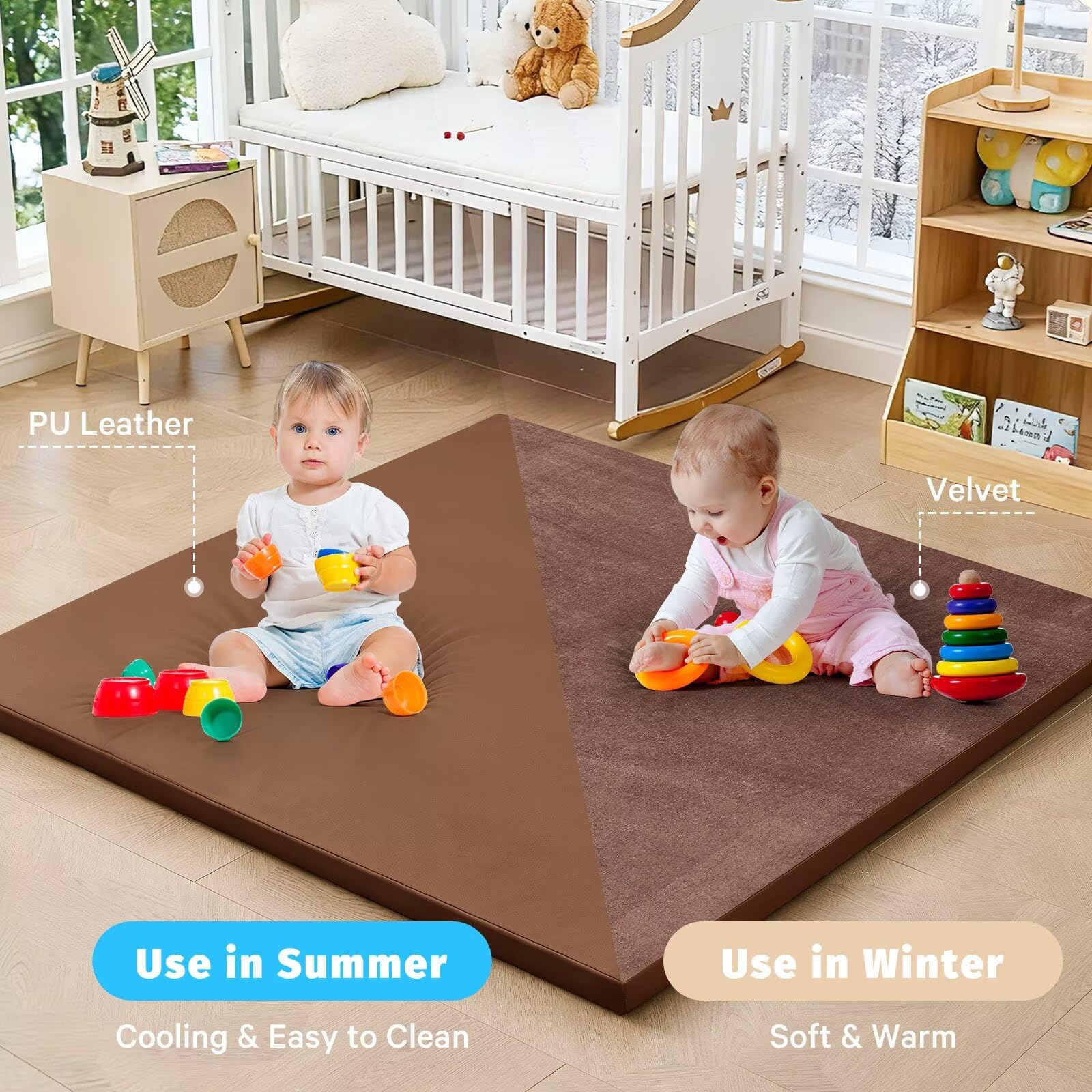 ILPEOD mat shown in nursery and living room setup.