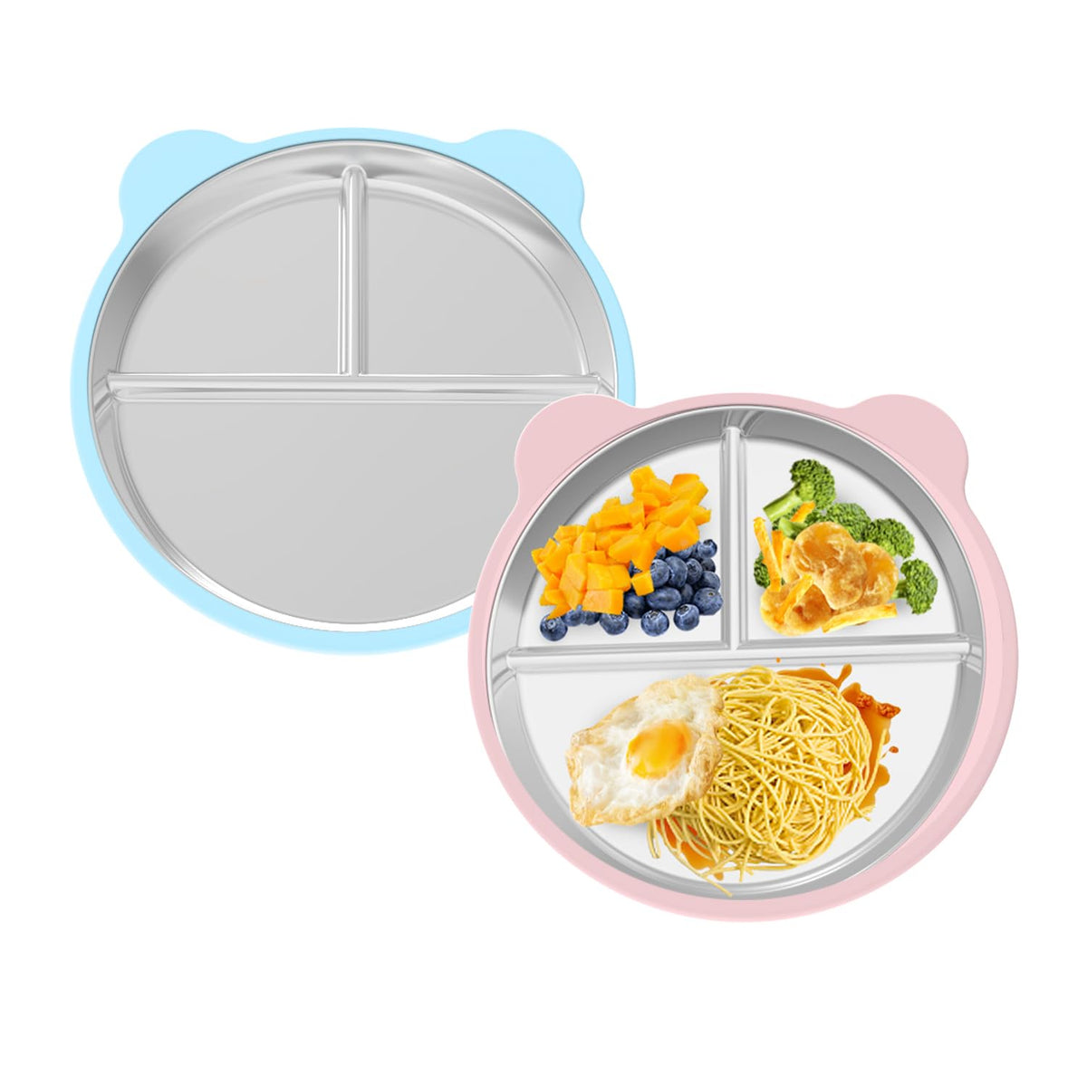 iLulala bear-ear design plate with suction base secures on highchair tray.
