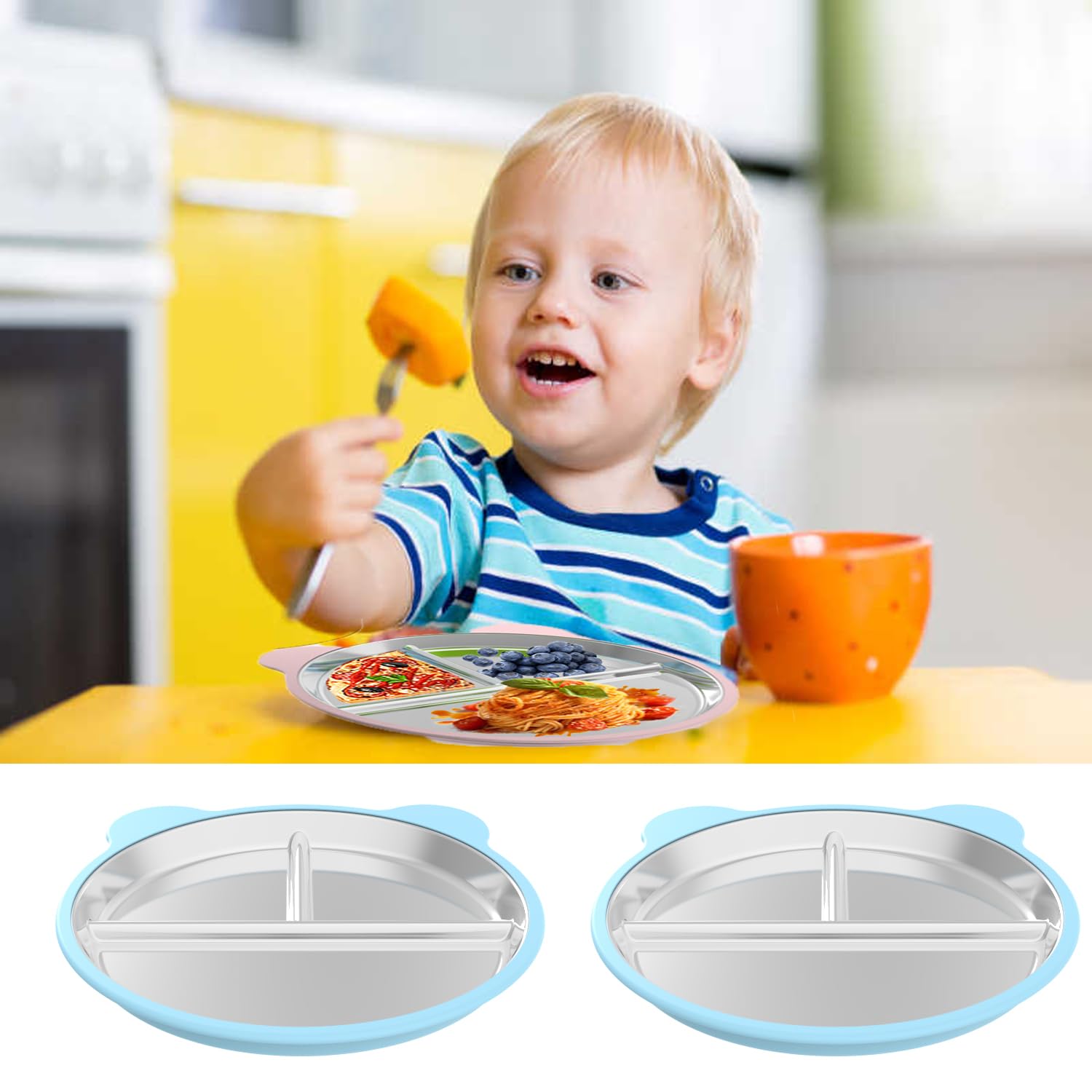 iLulala suction base on highchair tray helps prevent spills during self-feeding.