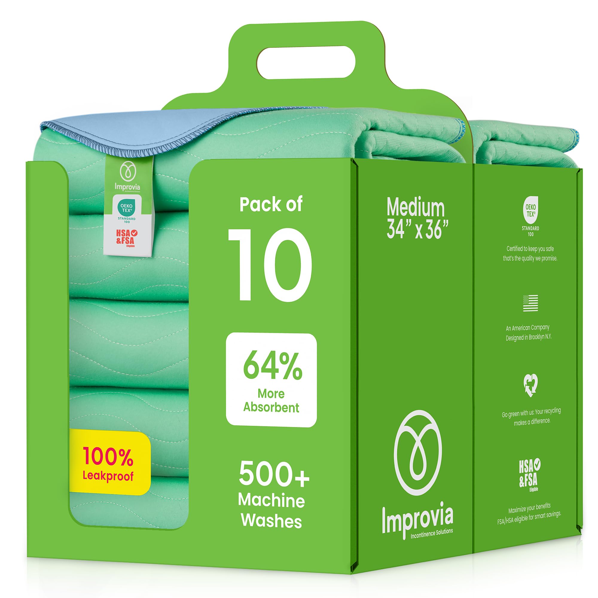 IMPROVIA Washable Underpad pack-shot showing full coverage and leak protection for beds
