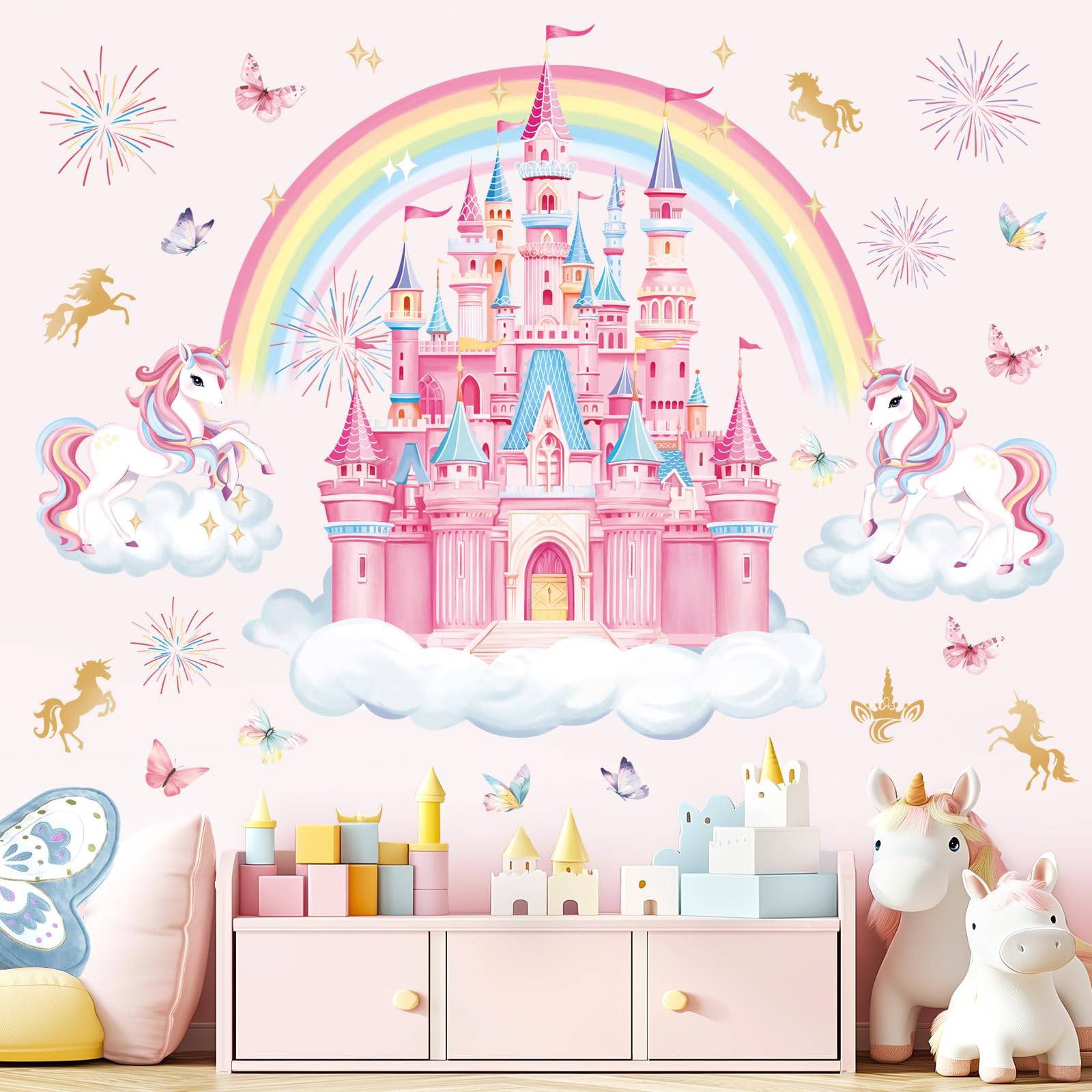 decalmile Rainbow Castle Wall Decals Unicorn Rainbow Butterfly Clouds Wall Stickers Girls Bedroom Baby Nursery Daycare Wall Decor