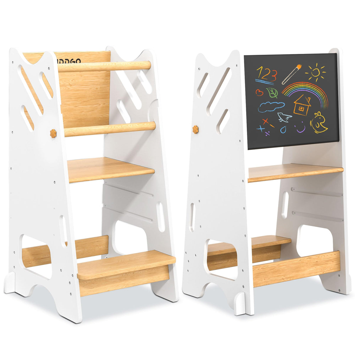 Buddgo chalkboard panel on the toddler standing tower promotes drawing during kitchen time