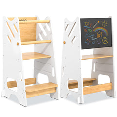 Buddgo chalkboard panel on the toddler standing tower promotes drawing during kitchen time