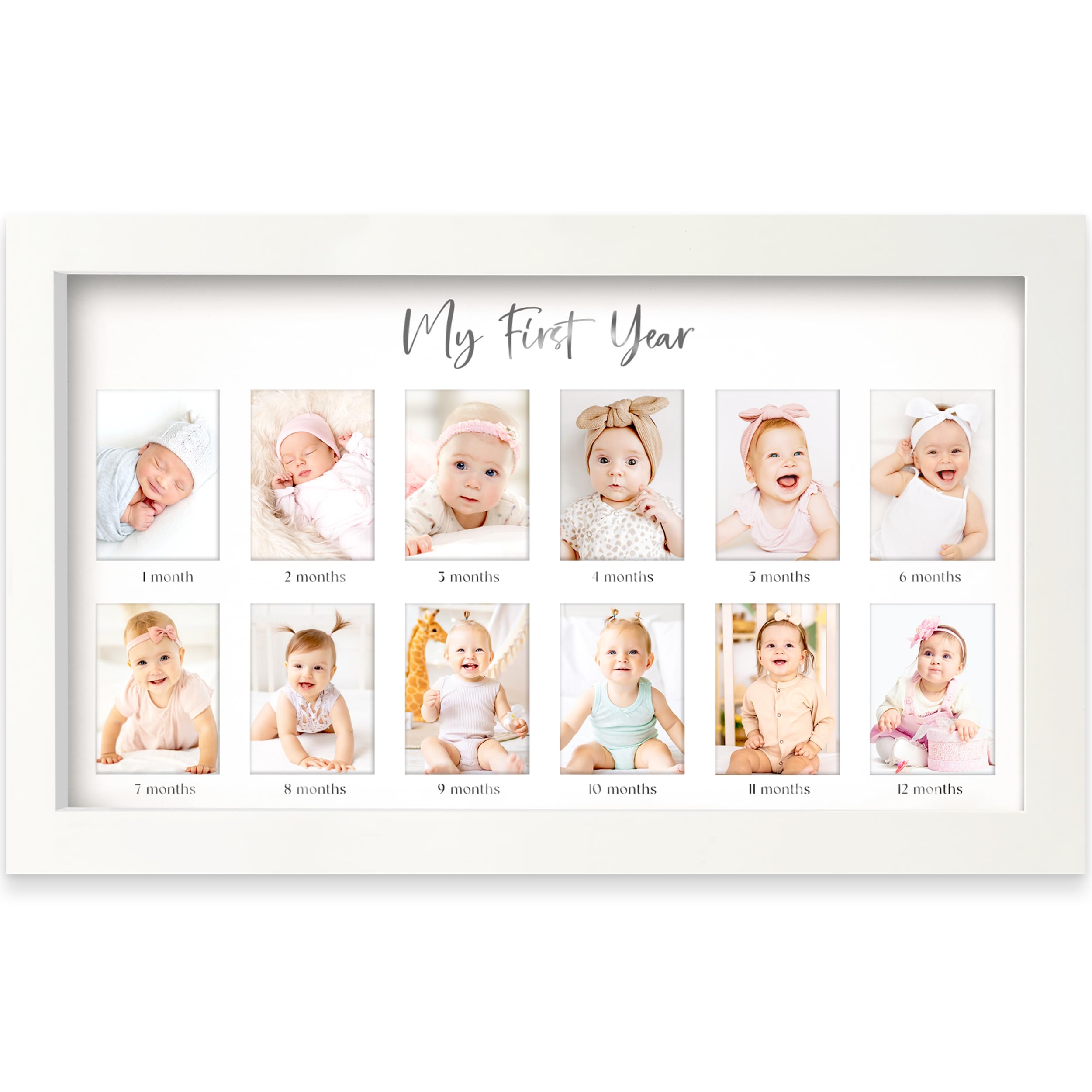 KeaBabies My First Year Frame front view in Alpine White for a timeless nursery display.