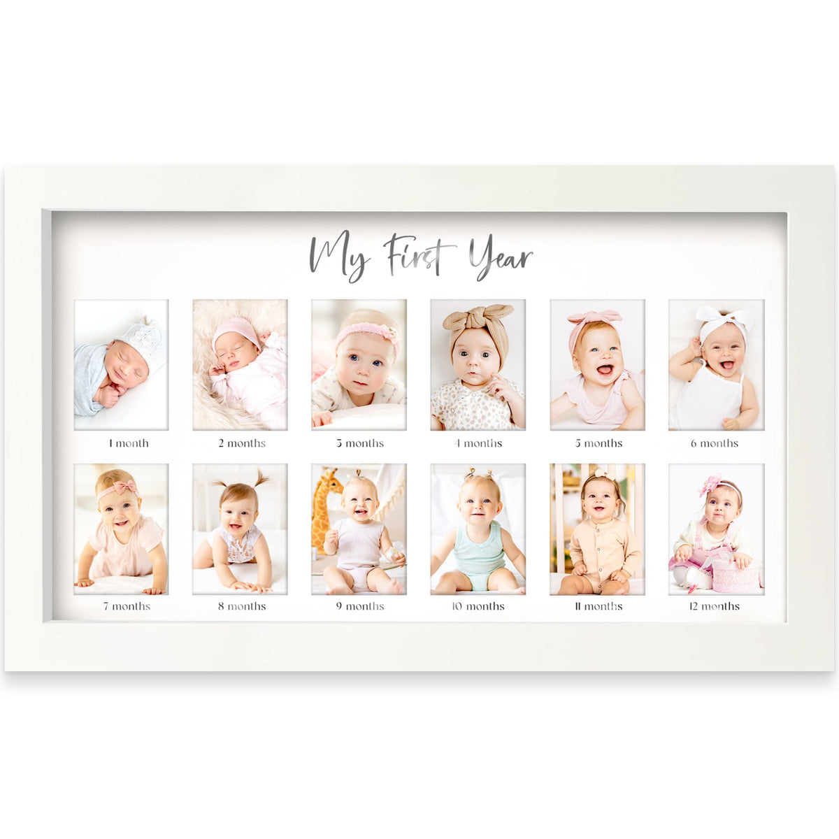 KeaBabies My First Year Frame front view in Alpine White for a timeless nursery display.