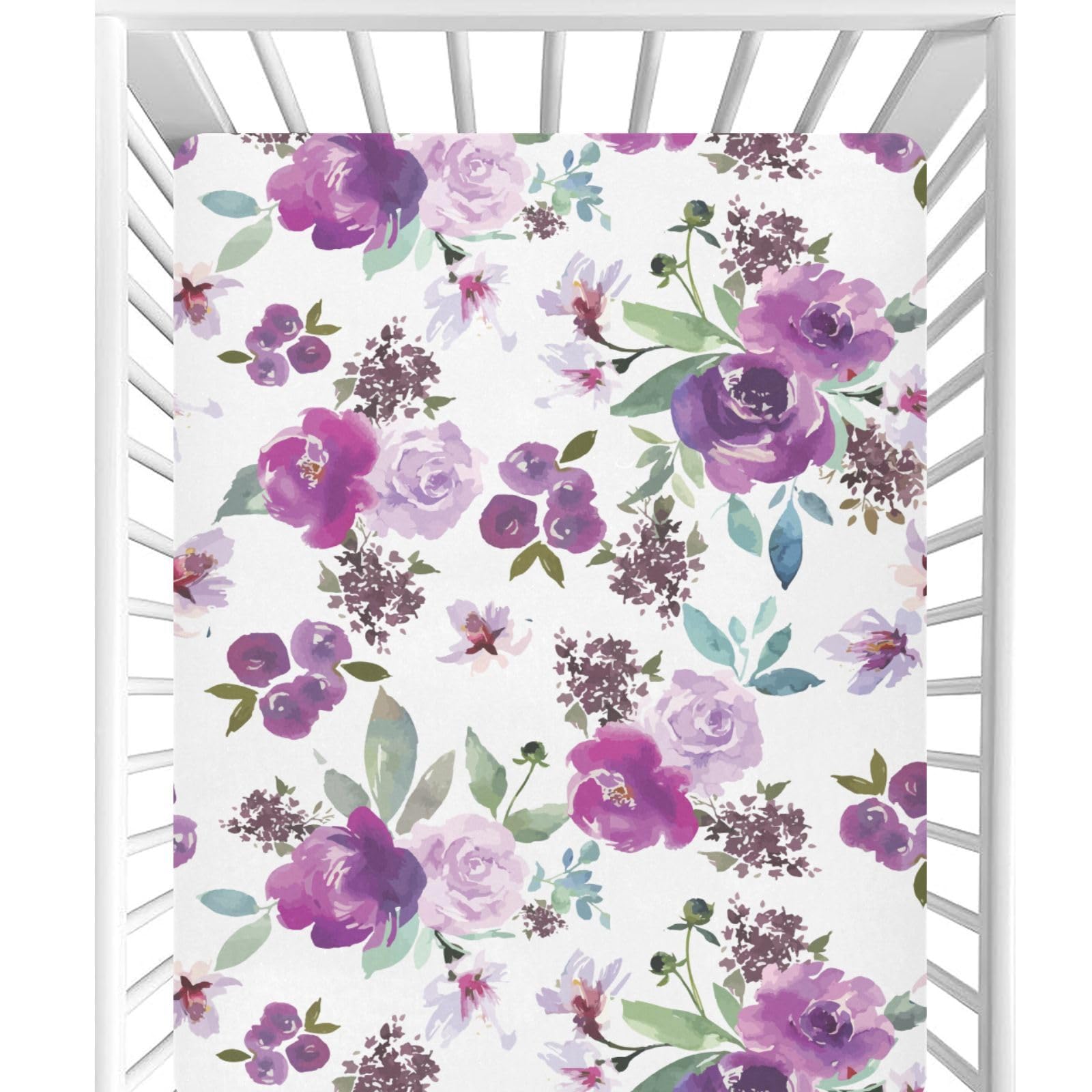 CaTaKu Crib Sheets for Girls & Boys - Purple Flower Farmhouse Pattern, Neutral Toddler & Mini Crib Mattress Sheets, Fitted for Nursery Bed - 27"x 39"