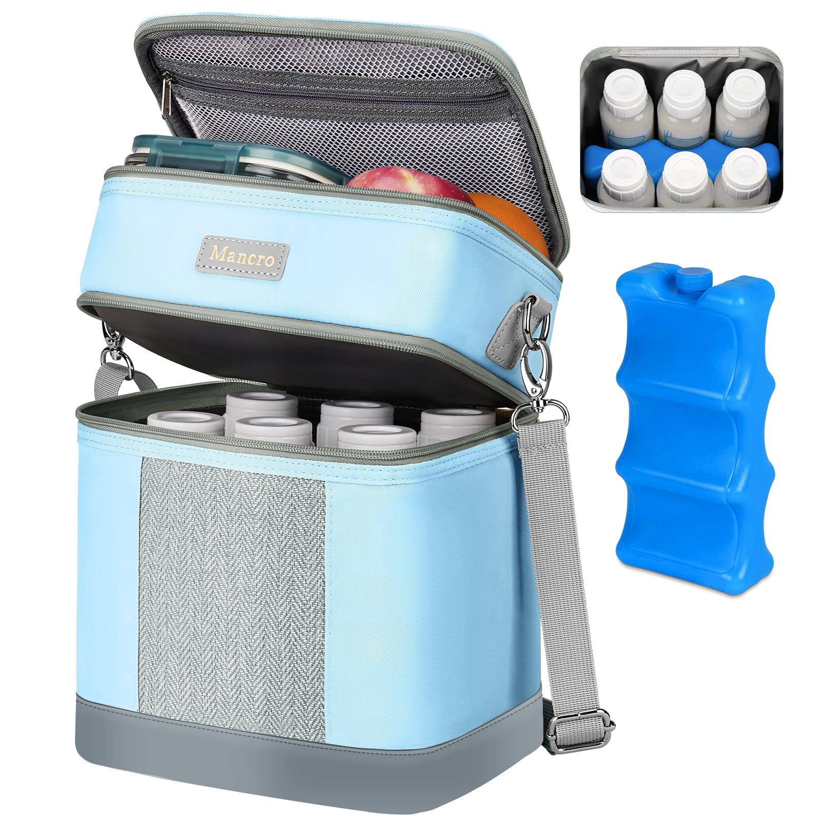 Mancro Breastmilk Cooler Bag with Ice Pack, Double Layer Breast Milk Cooler Bag Fits 6 Bottles Up to 9 Ounces, Waterproof Bottle Storage Bag for Nursing Mom Daycare, Blue