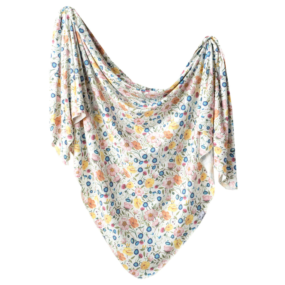 Copper Pearl Isabella large knit swaddle blanket in flatlay, generous 46x46 size for growing babies