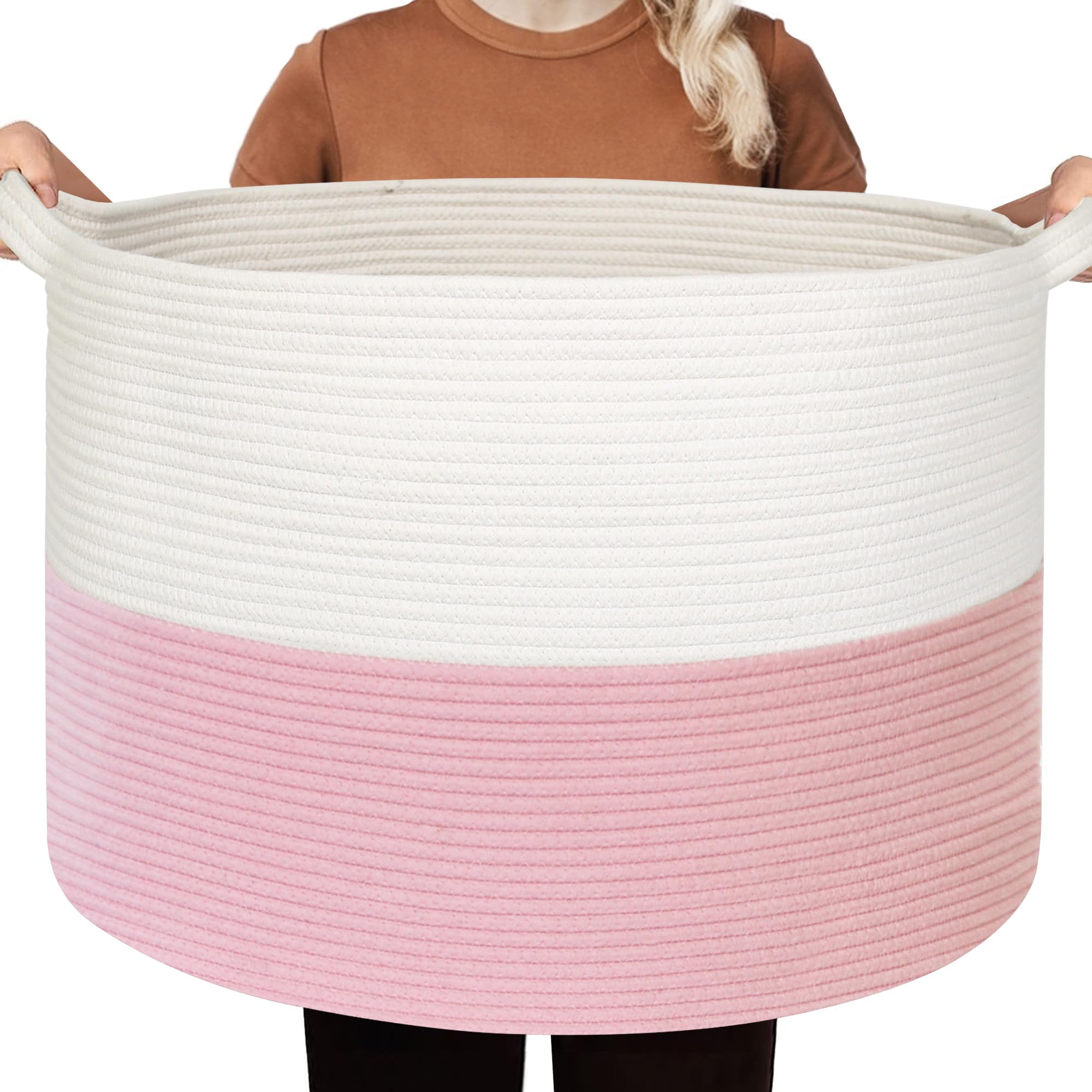 HONCESTA Extra Large Pink Cotton Rope Storage Basket — 22x22x14 in