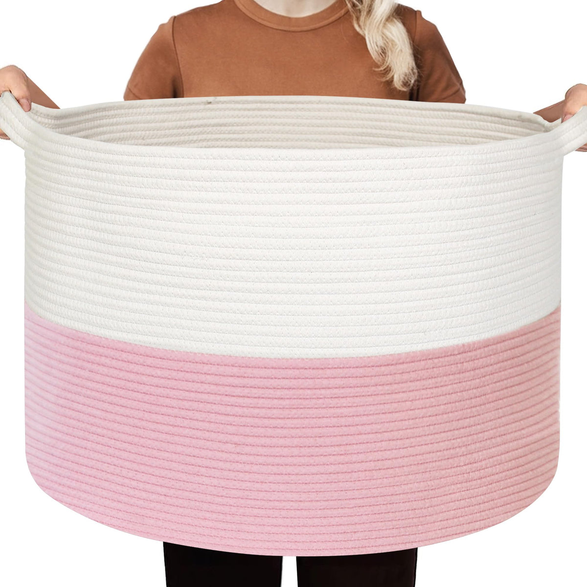 HONCESTA Extra Large Pink Cotton Rope Storage Basket — 22x22x14 in
