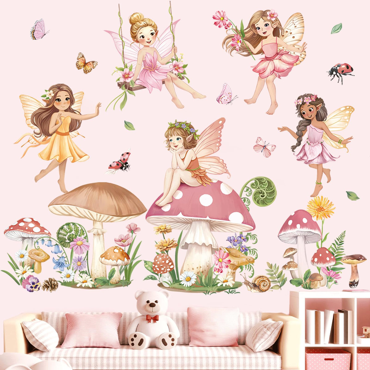 decalmile Pink Fairy Girls Wall Decals Large Mushroom Flower Butterfly Wall Stickers Girls Bedroom Baby Nursery Kids Room Wall Decor