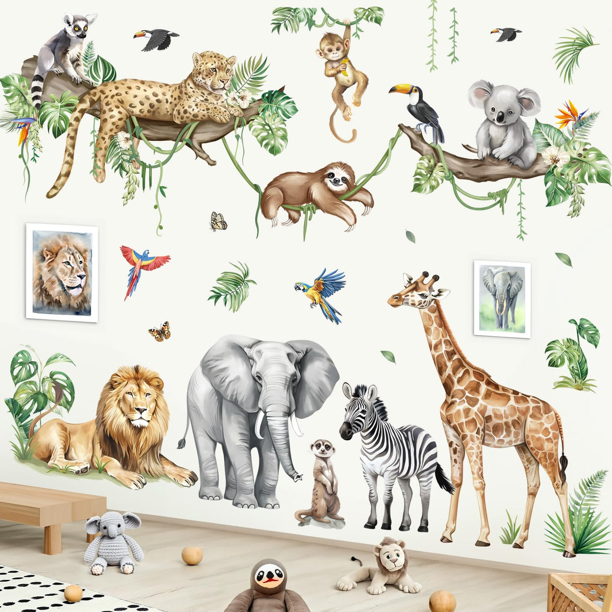 decalmile Large Jungle Animals Tree Branch Wall Stickers Safari Elephant Giraffe Leopard Tropical Leaves Wall Decals Baby Nursery Kids Room Wall Decor(XXL)