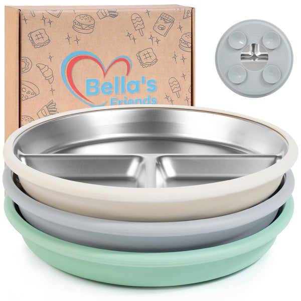Bella’s Friends Stainless Steel Baby Plates with Suction 3 Pack, 8” Divided Toddler Plates with Removable Silicone — product image