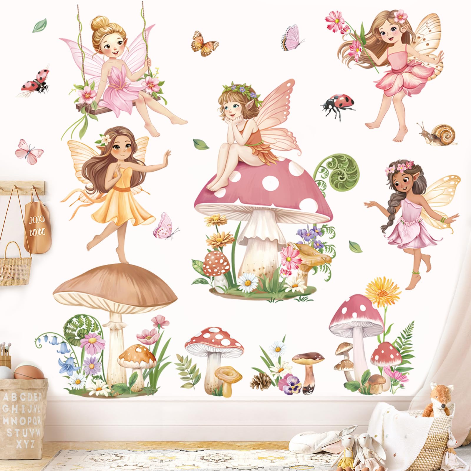decalmile Pink Fairy Girls Wall Decals Large Mushroom Flower Butterfly Wall Stickers Girls Bedroom Baby Nursery Kids Room Wall Decor