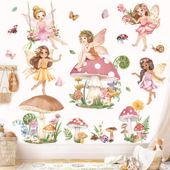 decalmile Pink Fairy Girls Wall Decals Large Mushroom Flower Butterfly Wall Stickers Girls Bedroom Baby Nursery Kids Room Wall Decor