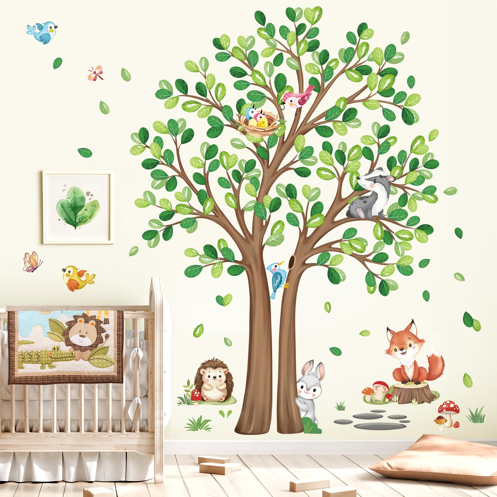 decalmile Woodland Animals Large Forest Tree Wall Decals Fox Rabbit Hedgehog Wall Stickers Baby Nursery Toddler Room Living Room Wall Decor