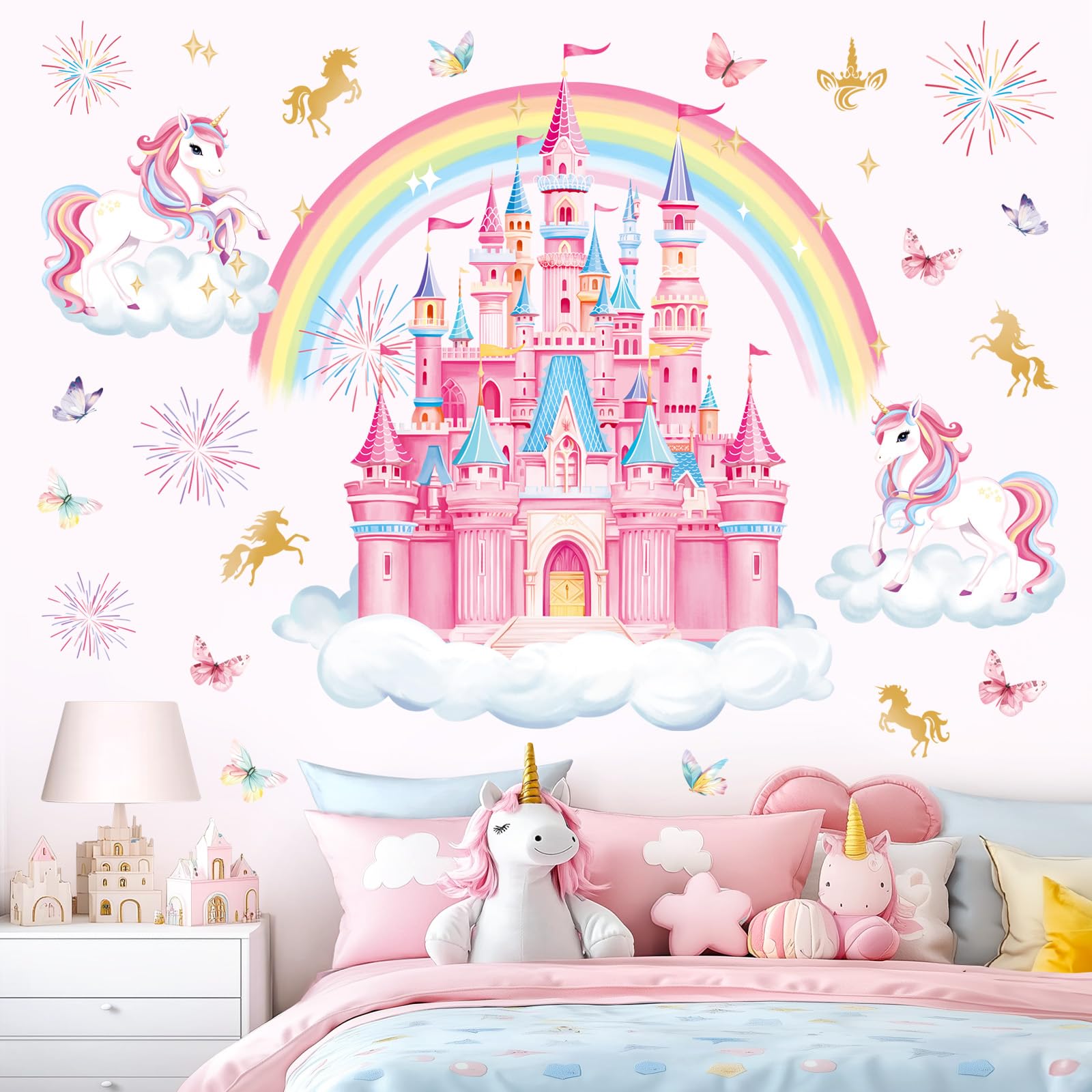 decalmile Rainbow Castle Wall Decals Unicorn Rainbow Butterfly Clouds Wall Stickers Girls Bedroom Baby Nursery Daycare Wall Decor