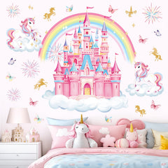 decalmile Rainbow Castle Wall Decals Unicorn Rainbow Butterfly Clouds Wall Stickers Girls Bedroom Baby Nursery Daycare Wall Decor