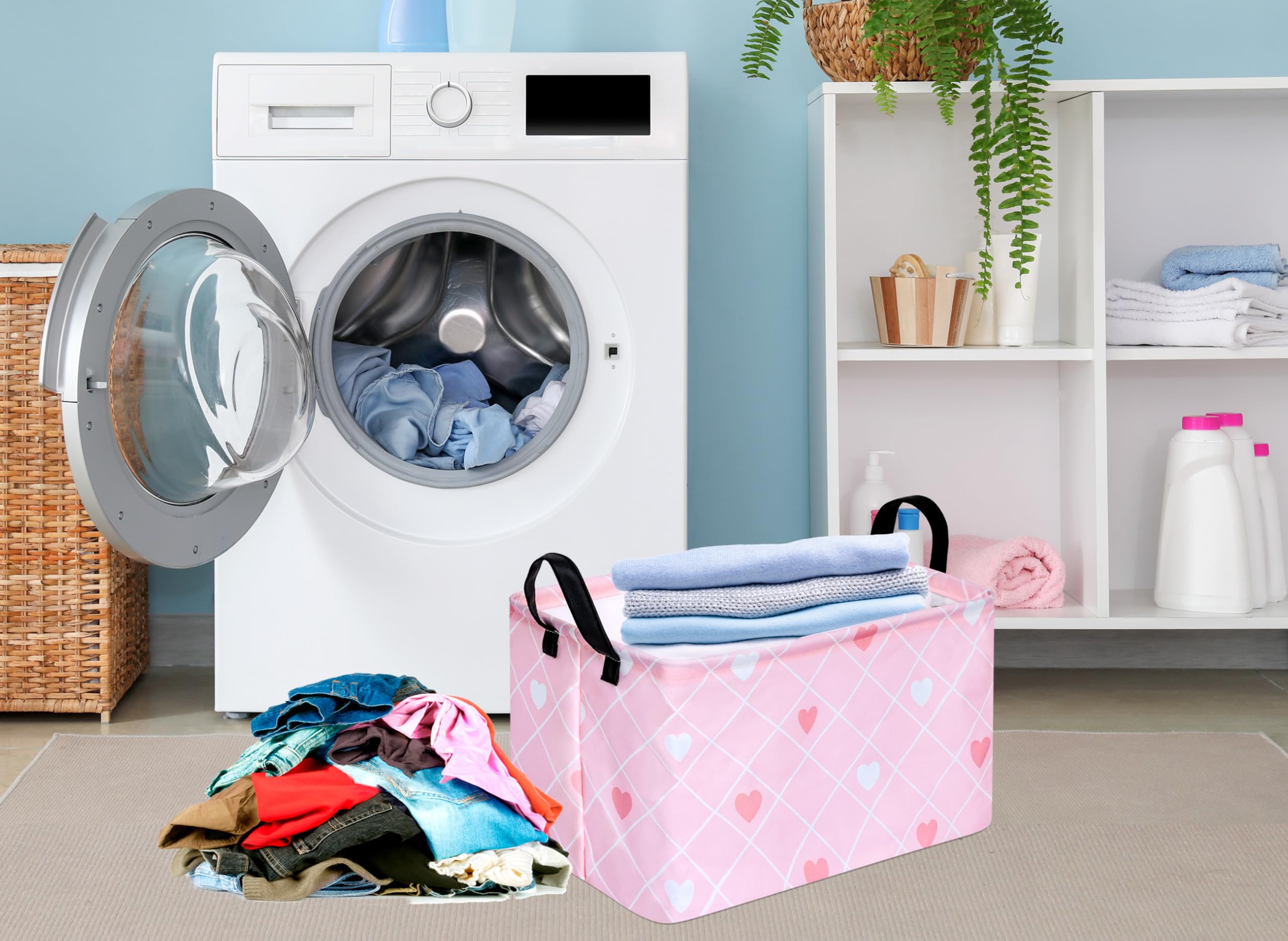 KUNRO Rectang Heart Valentine's Storage Basket Gift Shelf Basket Storage Bin, Nursery Basket Organizer Box for With Handles for Room Deco