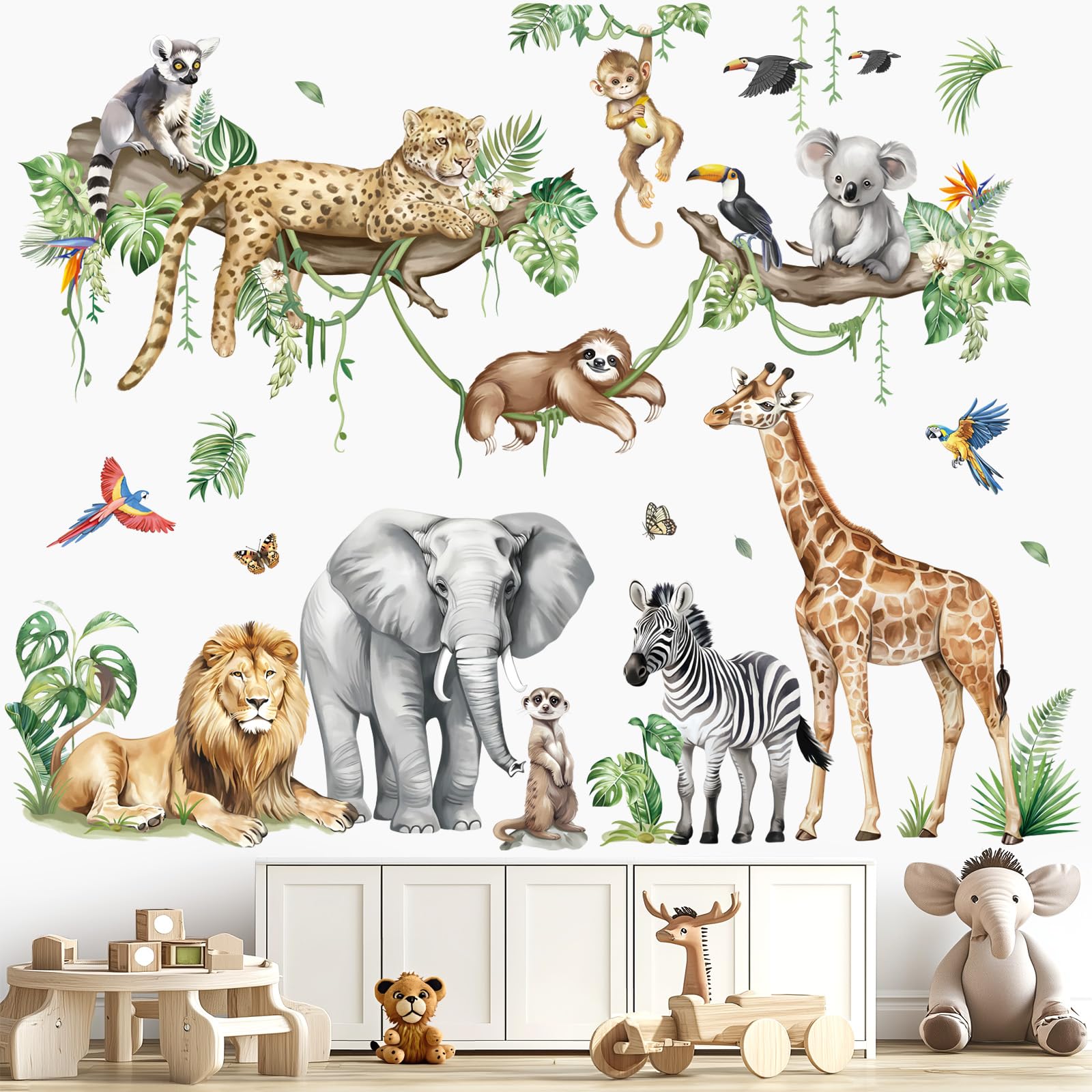 decalmile Large Jungle Animals Tree Branch Wall Stickers Safari Elephant Giraffe Leopard Tropical Leaves Wall Decals Baby Nursery Kids Room Wall Decor(XXL)