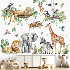 decalmile Large Jungle Animals Tree Branch Wall Stickers Safari Elephant Giraffe Leopard Tropical Leaves Wall Decals Baby Nursery Kids Room Wall Decor(XXL)