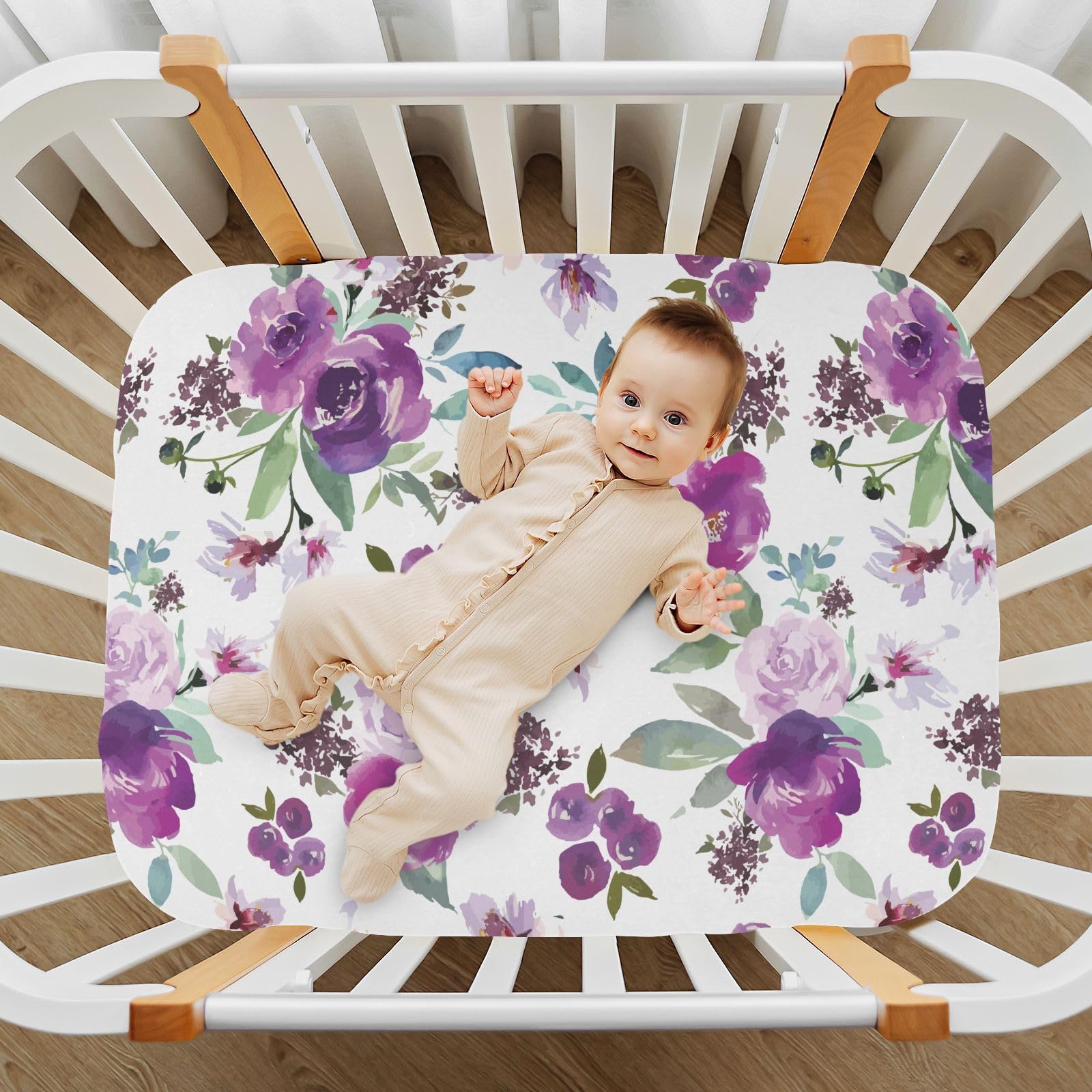 CaTaKu Crib Sheets for Girls & Boys - Purple Flower Farmhouse Pattern, Neutral Toddler & Mini Crib Mattress Sheets, Fitted for Nursery Bed - 27"x 39"