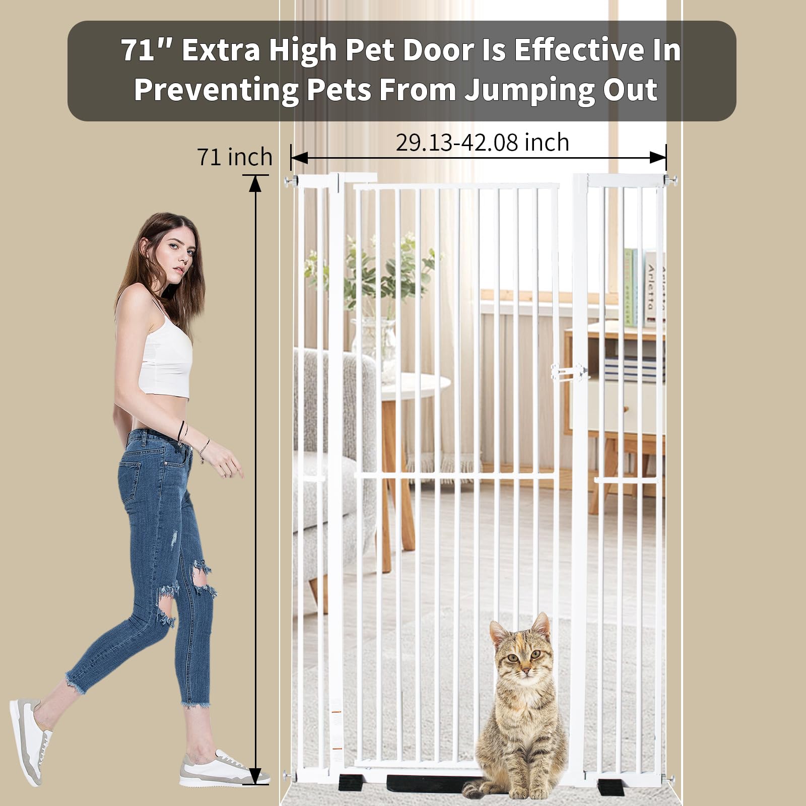 NexusSmash 71-Inch Extra Tall Pet Gate – Adjustable 29.92–43 Inches, Pressure-Mounted Swing Gate (White)
