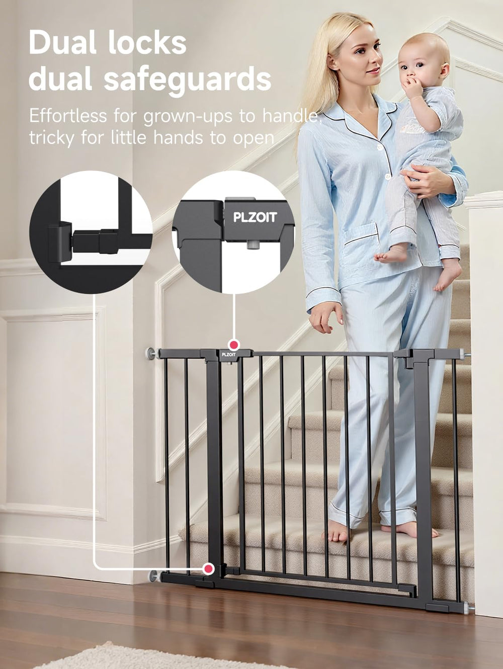 PLZOIT gate in doorway provides chew-proof barrier for kids and pets.