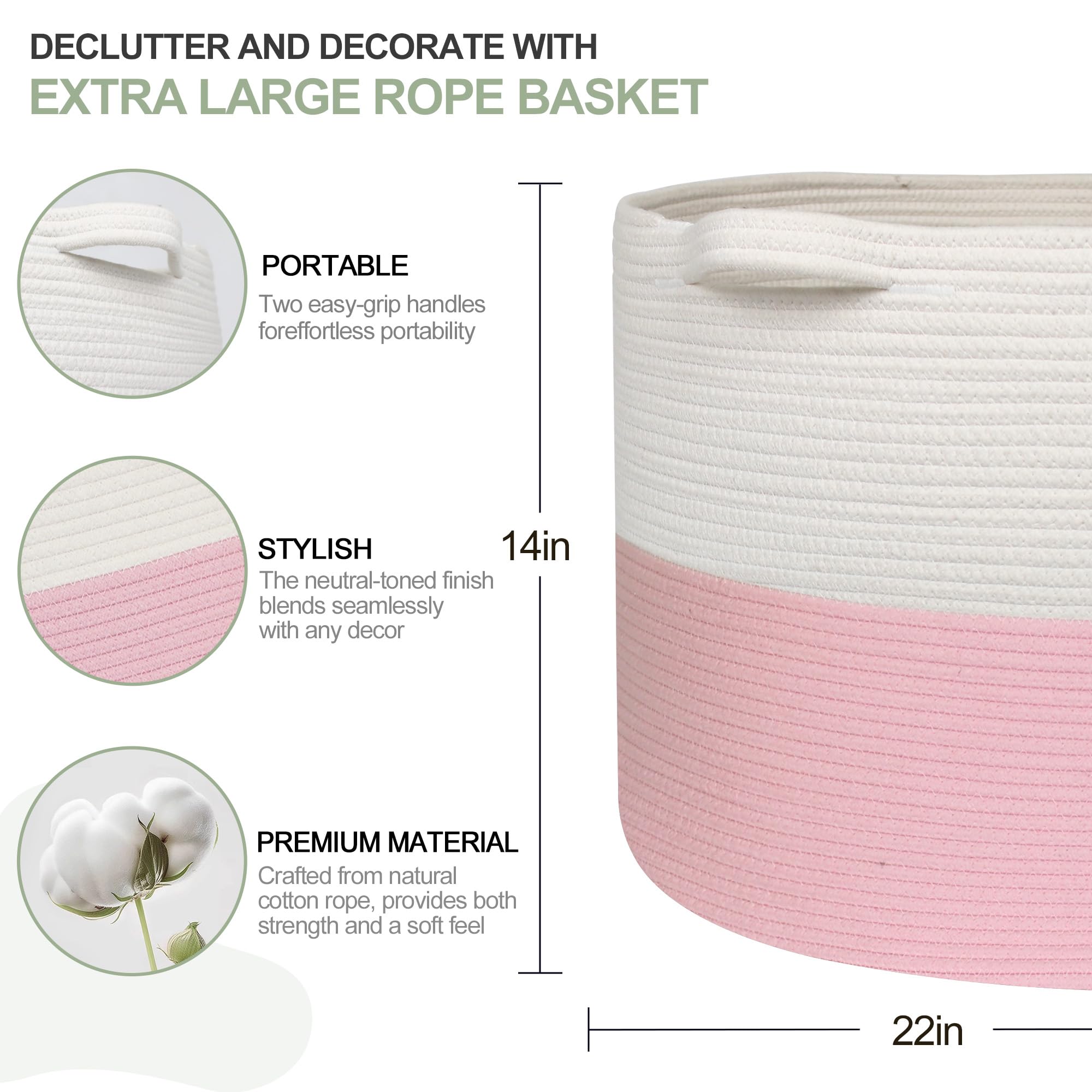 HONCESTA Extra Large Pink Cotton Rope Storage Basket — 22x22x14 in