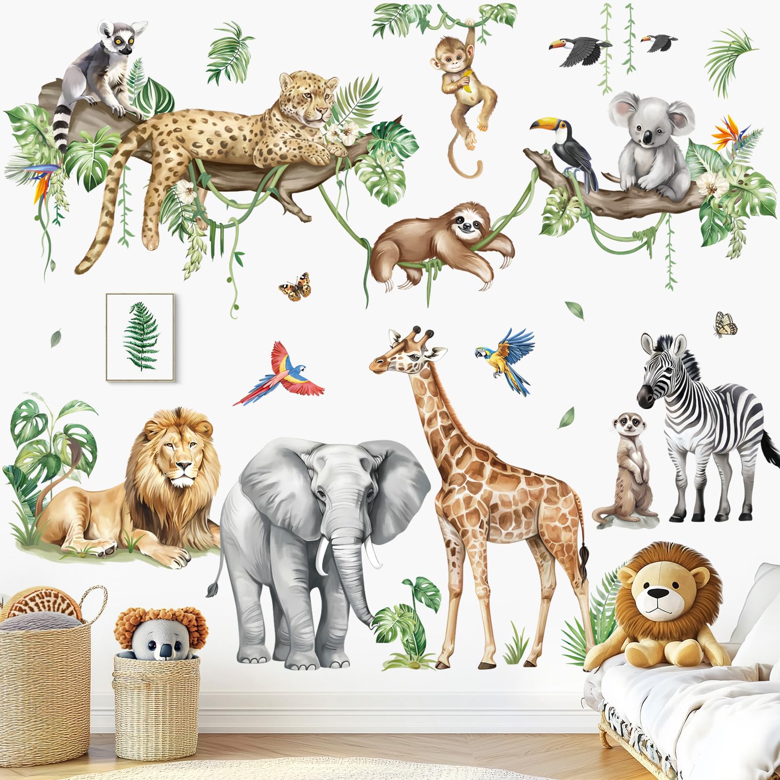 decalmile Large Jungle Animals Tree Branch Wall Stickers Safari Elephant Giraffe Leopard Tropical Leaves Wall Decals Baby Nursery Kids Room Wall Decor(XXL)