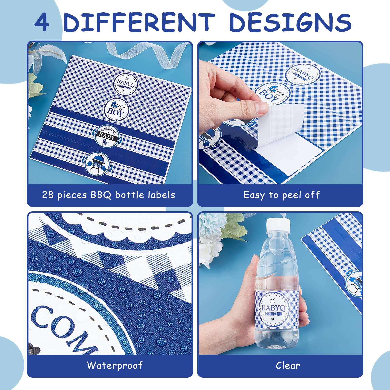 Cheereveal 24Pcs BBQ Baby Shower Water Bottle Labels – Waterproof, Self-Adhesive, Blue