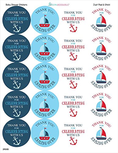 1.9 Inch Thank You Stickers Baby Shower Favor Nautical Boy 60 Labels Navy Blue Red
