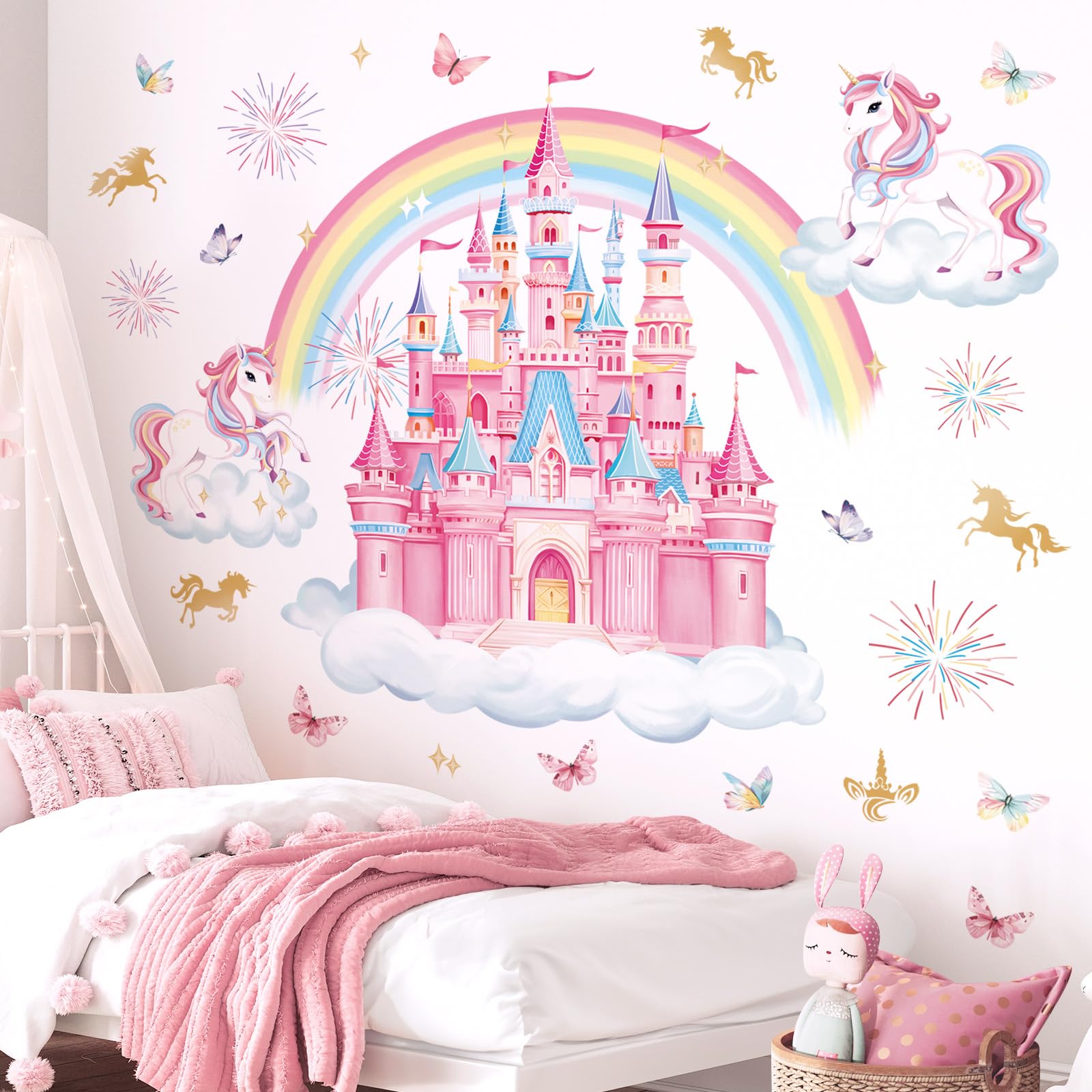 decalmile Rainbow Castle Wall Decals Unicorn Rainbow Butterfly Clouds Wall Stickers Girls Bedroom Baby Nursery Daycare Wall Decor