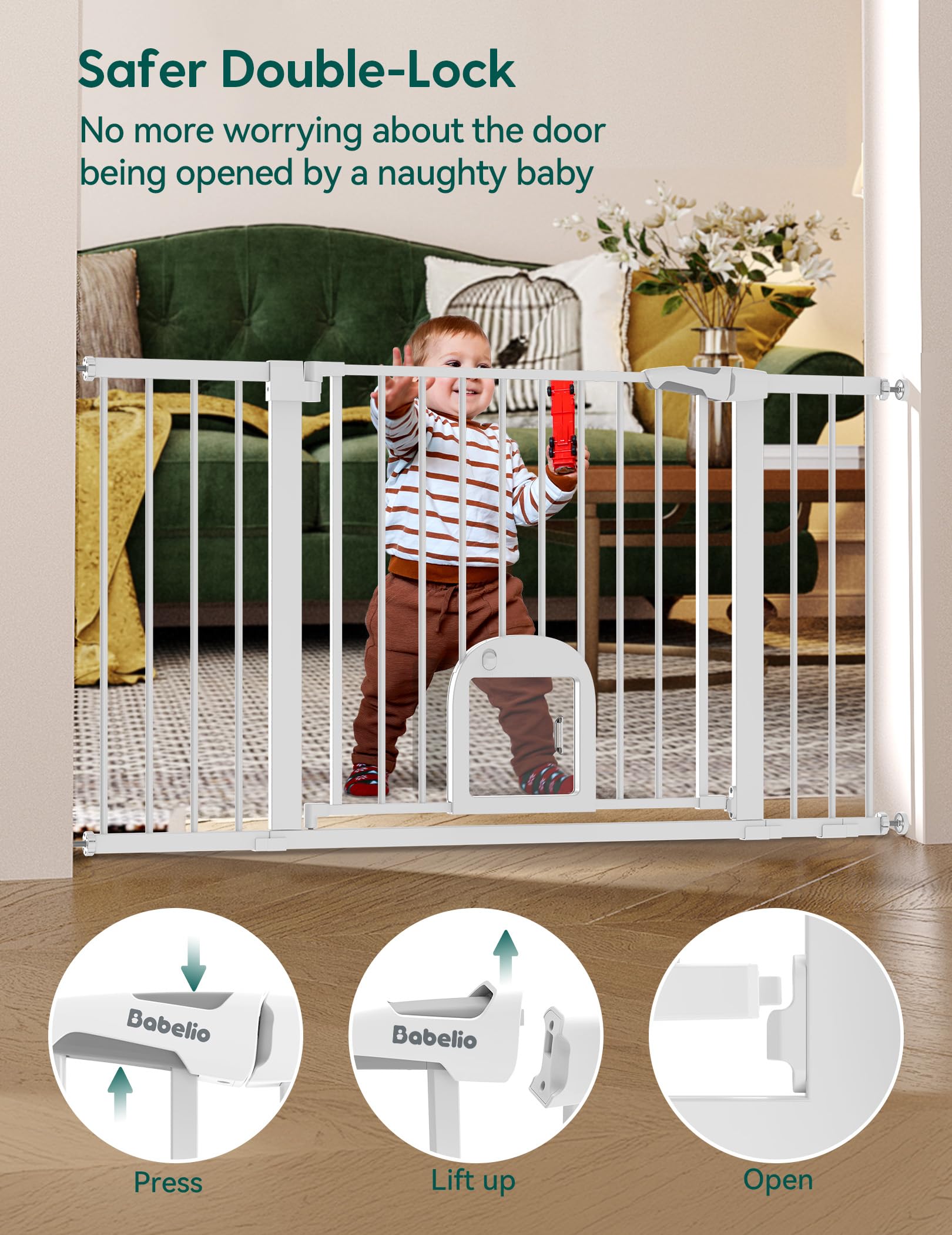 Babelio 36.5-57" Extra Wide Baby Gate with Cat Door,Auto Close&Two Way Swing,Pressure Mounted Dog Gates for Stairs,Doorways,Includes 4 Wall Cups and 3 Extension Pieces,White