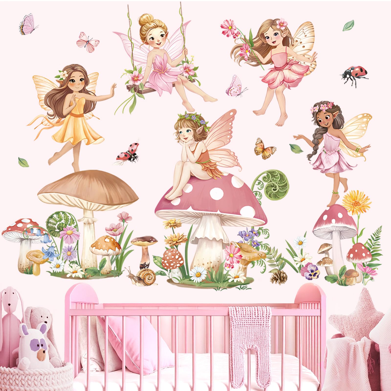 decalmile Pink Fairy Girls Wall Decals Large Mushroom Flower Butterfly Wall Stickers Girls Bedroom Baby Nursery Kids Room Wall Decor