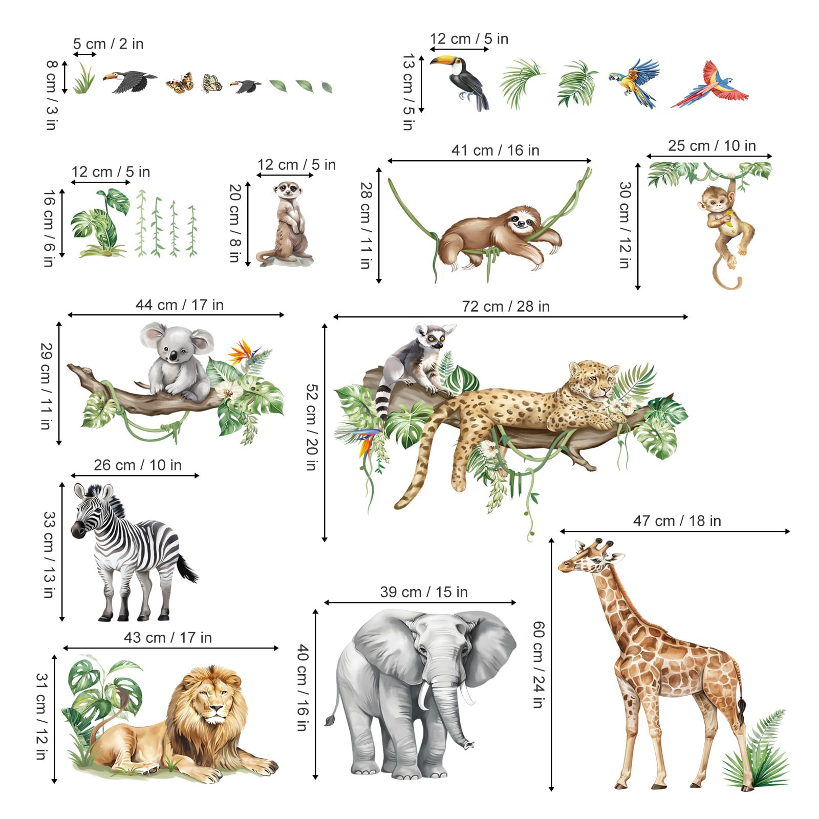 decalmile Large Jungle Animals Tree Branch Wall Stickers Safari Elephant Giraffe Leopard Tropical Leaves Wall Decals Baby Nursery Kids Room Wall Decor(XXL)
