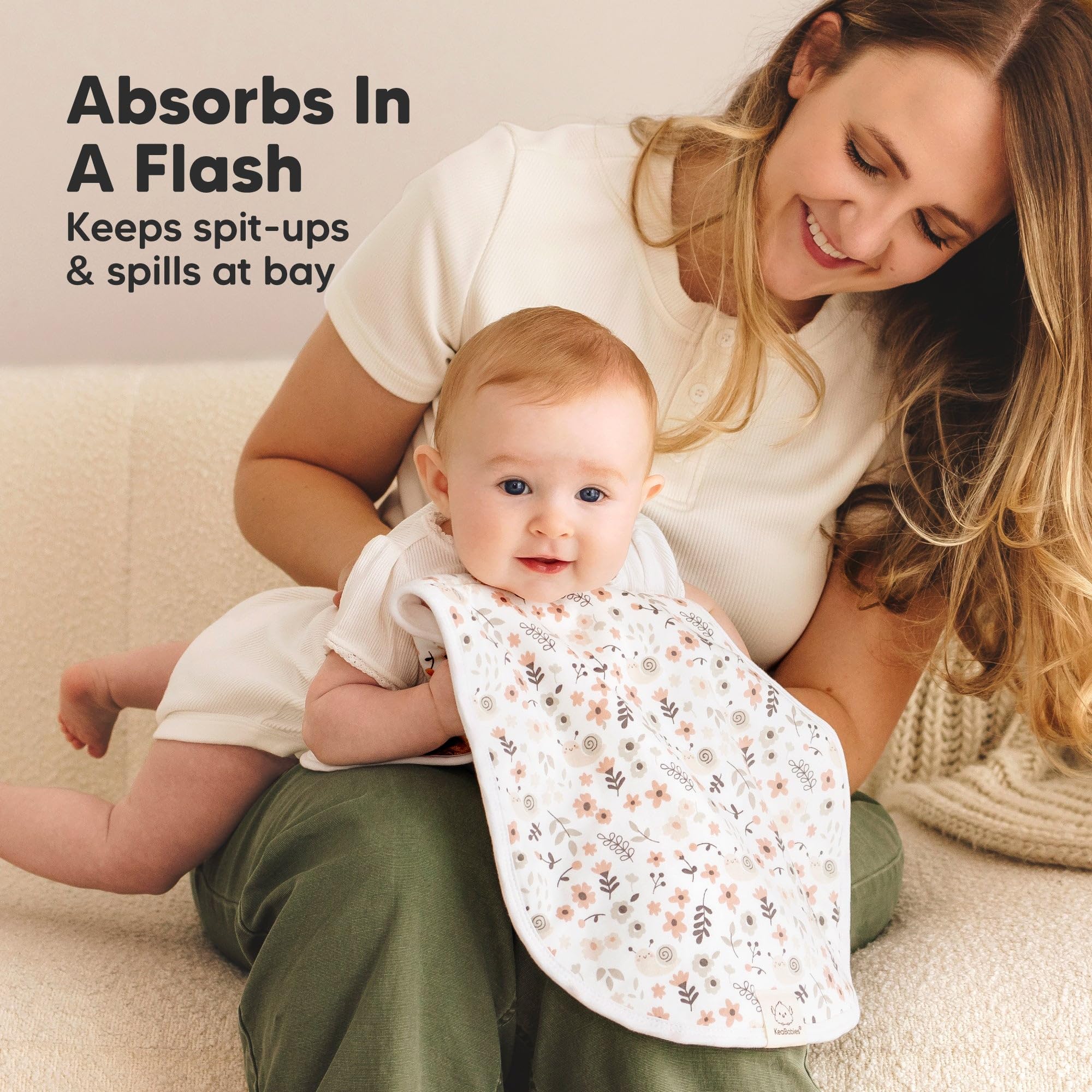 KeaBabies fleece-core burp cloth design boosts quick absorption during messes.