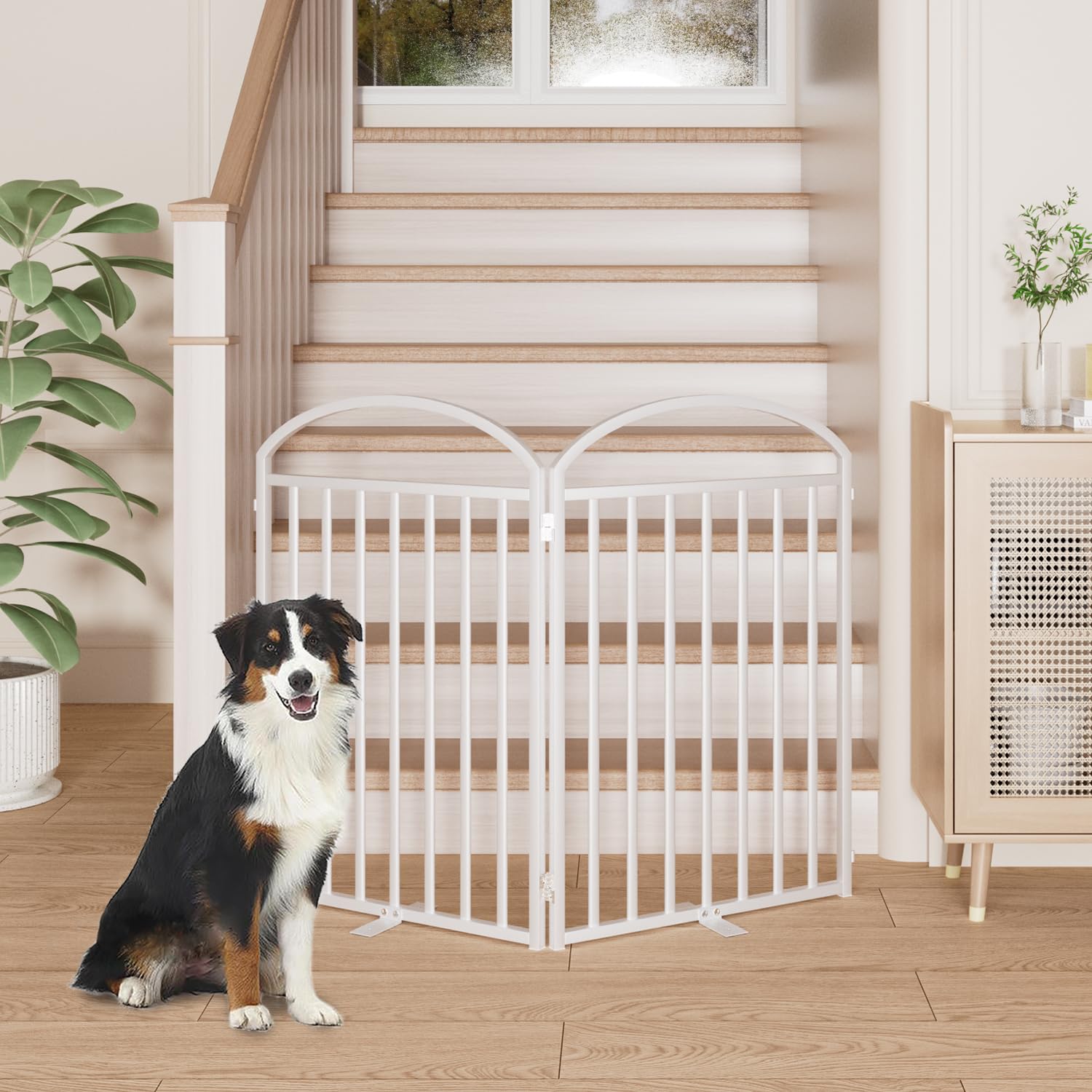 SNUOWU 2 Panels Full Matel Freestanding Dog Gates with Door, 48"Extra Wide 32"Tall Free Standing Dog Pet Gate for Indoor & Outdoor. Foldable Pet Fences for Doorways, House, Stairs, Porch, Deck, Yard