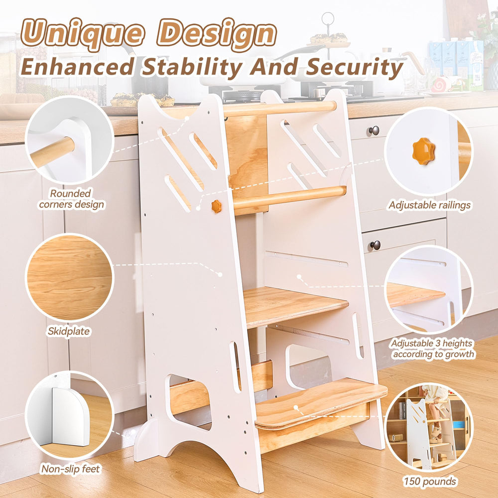 Buddgo height-adjustment on the standing tower lets toddlers reach counters safely