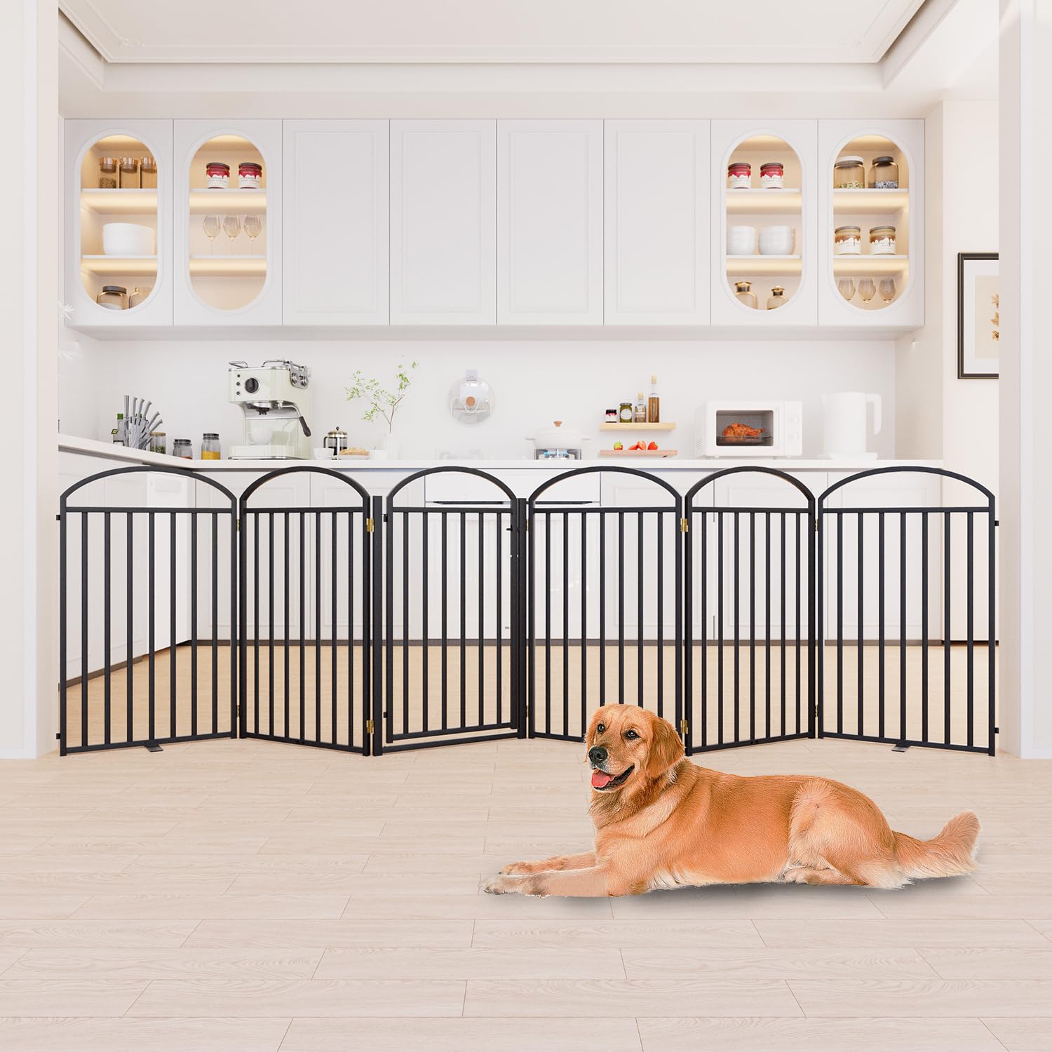 SNUOWU 6-Panel Freestanding Dog Gate with Door – 144-inch Wide, 36-inch Tall, Foldable Indoor/Outdoor