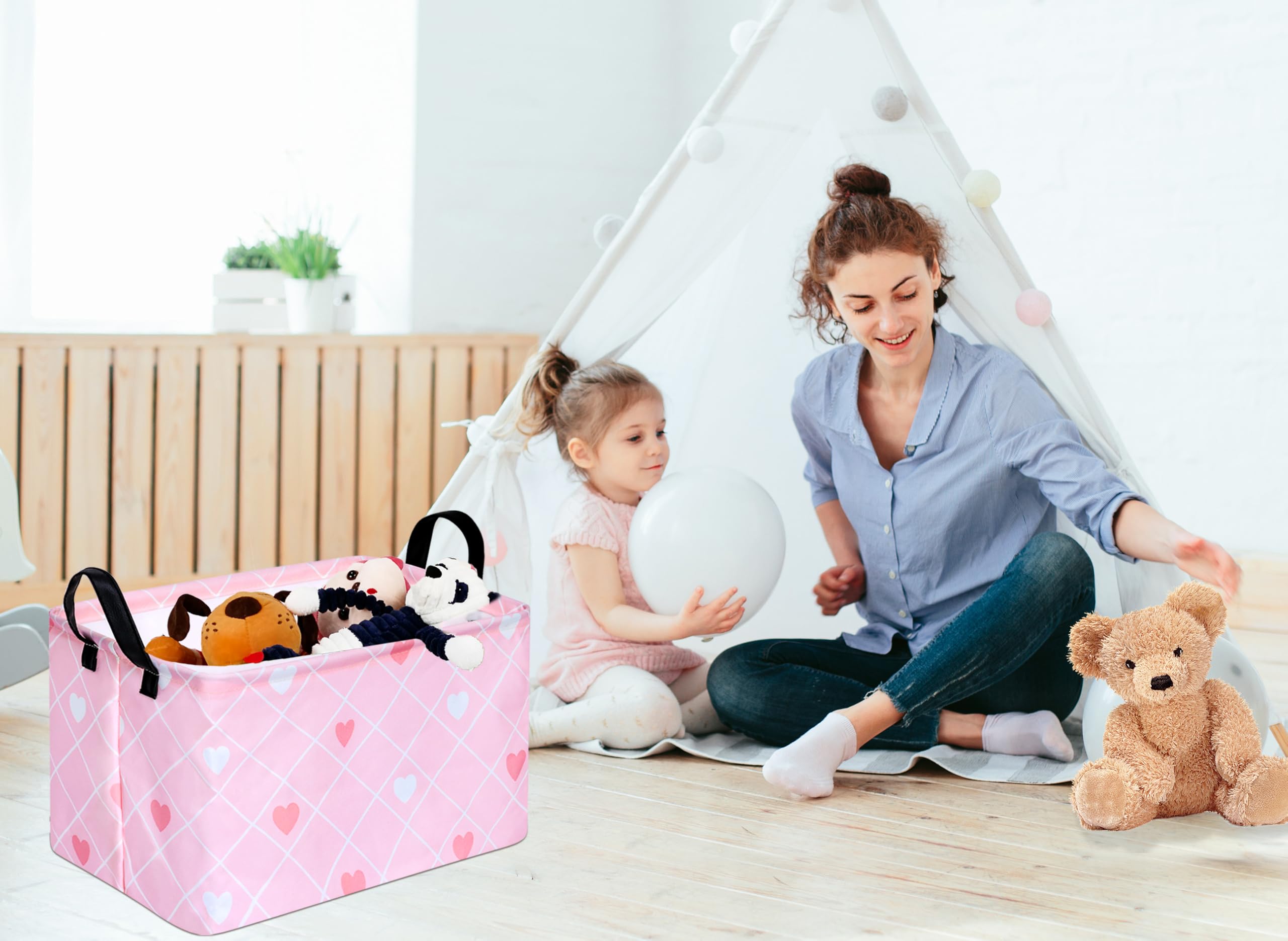 KUNRO Rectang Heart Valentine's Storage Basket Gift Shelf Basket Storage Bin, Nursery Basket Organizer Box for With Handles for Room Deco