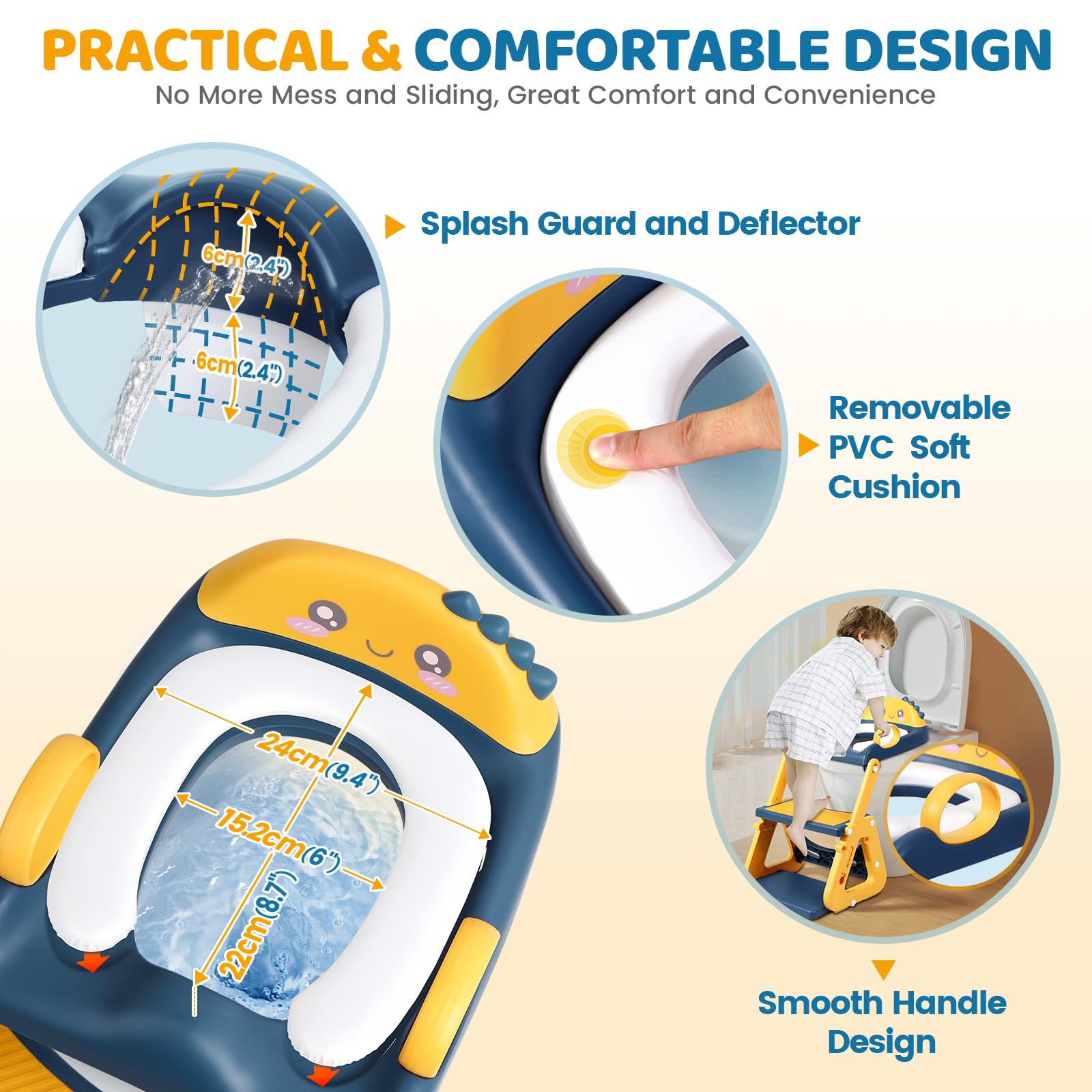 Potty Training Toilet, 2-IN-1 Toddler Potty Training Seats for Kids Baby Infant Boys Girls, Adjustable Potty Seat with ladder, Splash Guard, Anti-Slip Pad and Safety Handle, Blue Yellow