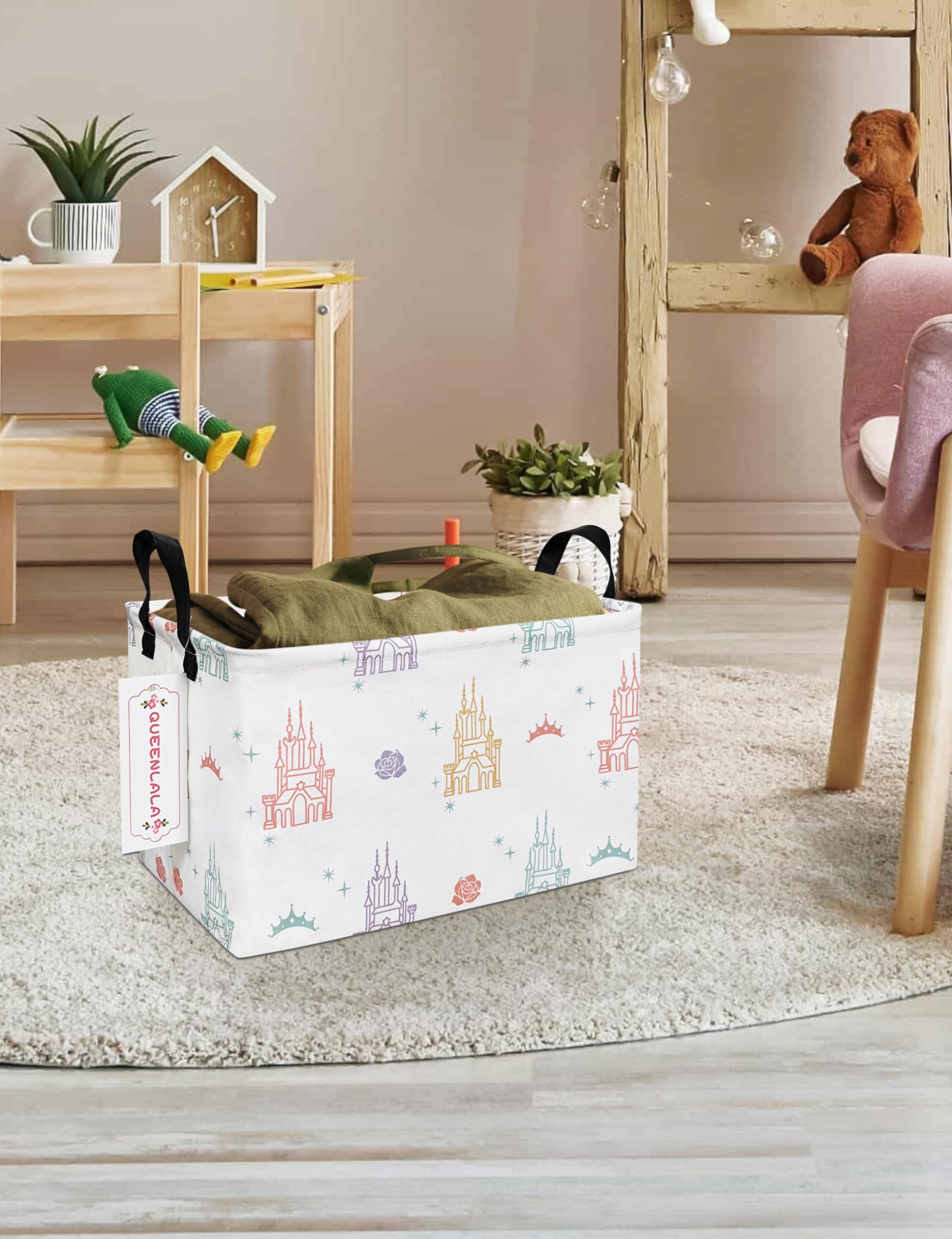QUEENLALA Rectangular Laundry Hamper/Foldable Nursery Laundry Basket for Organizing/Storage Bin Baskets/Children Toy Office Bedroom/Toy Bin Closet Shelf Baskets（Rec-Rose Castle）