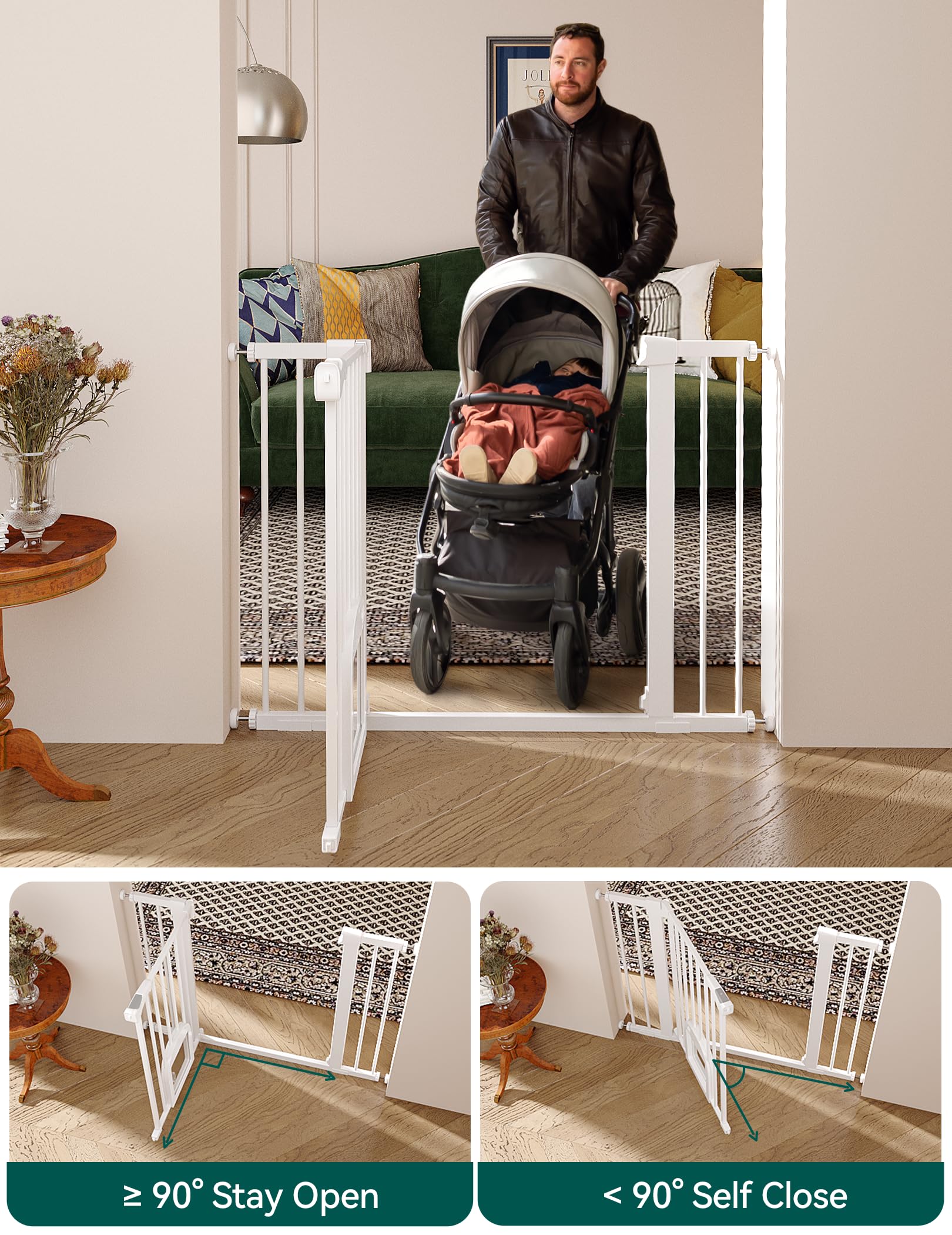 Babelio 36.5-57" Extra Wide Baby Gate with Cat Door,Auto Close&Two Way Swing,Pressure Mounted Dog Gates for Stairs,Doorways,Includes 4 Wall Cups and 3 Extension Pieces,White
