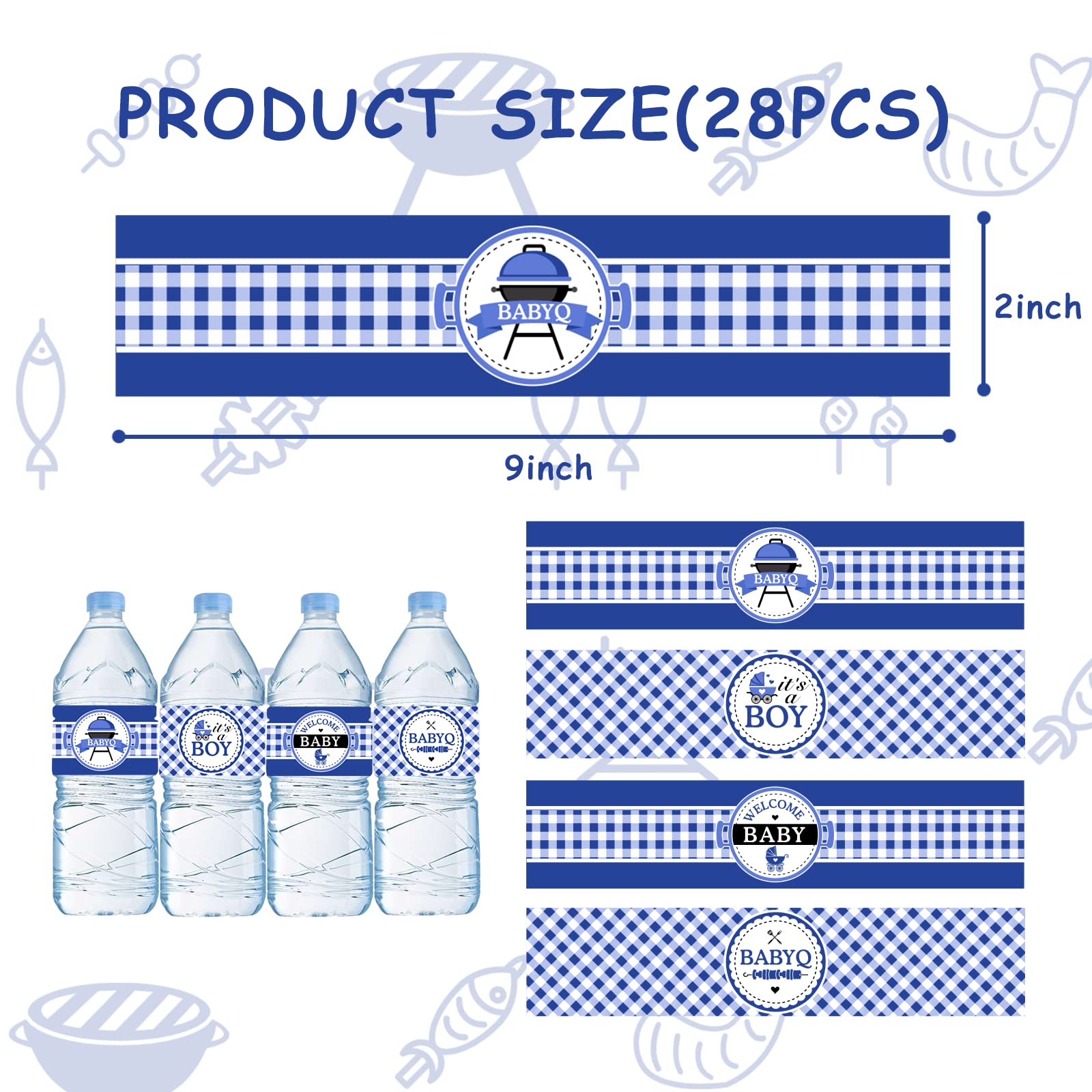 Cheereveal 24Pcs BBQ Baby Shower Water Bottle Labels – Waterproof, Self-Adhesive, Blue