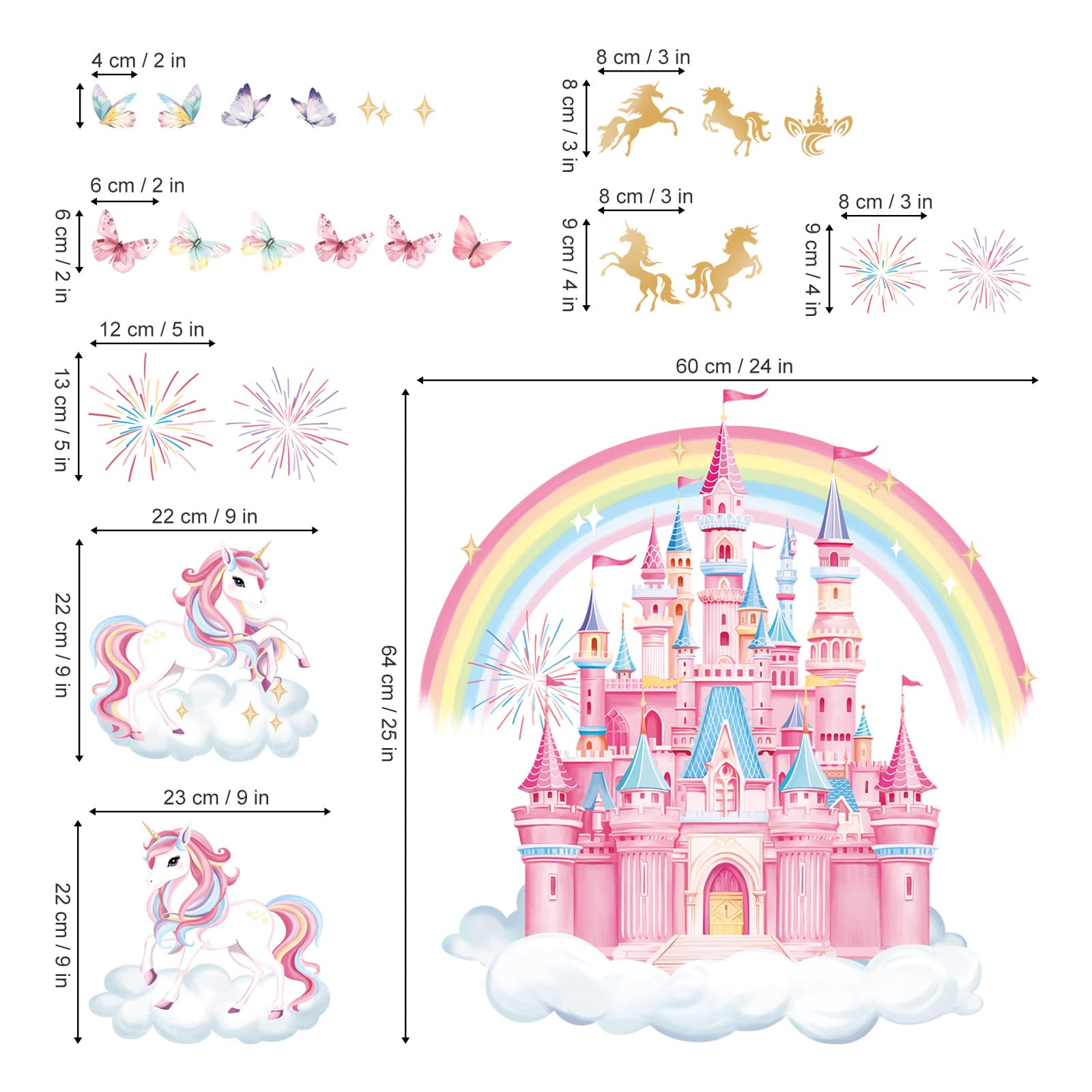 decalmile Rainbow Castle Wall Decals Unicorn Rainbow Butterfly Clouds Wall Stickers Girls Bedroom Baby Nursery Daycare Wall Decor
