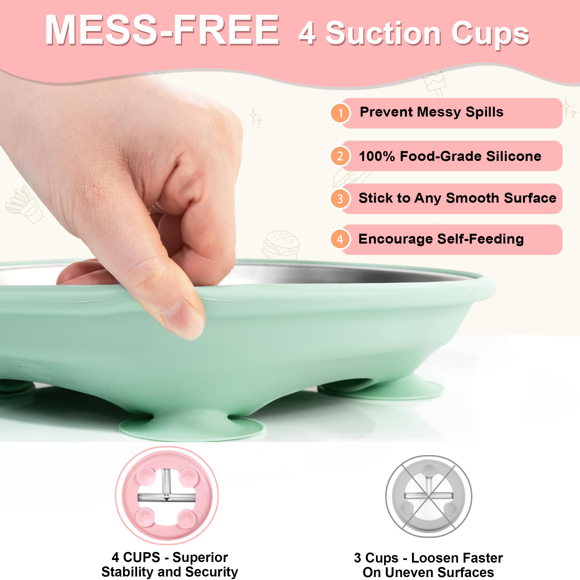 Bella’s Friends Stainless Steel Baby Plates with Suction 3 Pack, 8” Divided Toddler Plates with Removable Silicone Sleeves for Mess-Free Feeding, Non-Toxic, Non-Slip, Dishwasher Safe, beige,gray,green