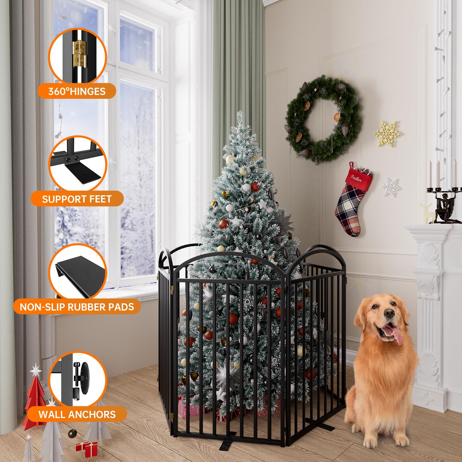 SNUOWU 6-Panel Freestanding Dog Gate with Door – 144-inch Wide, 36-inch Tall, Foldable Indoor/Outdoor