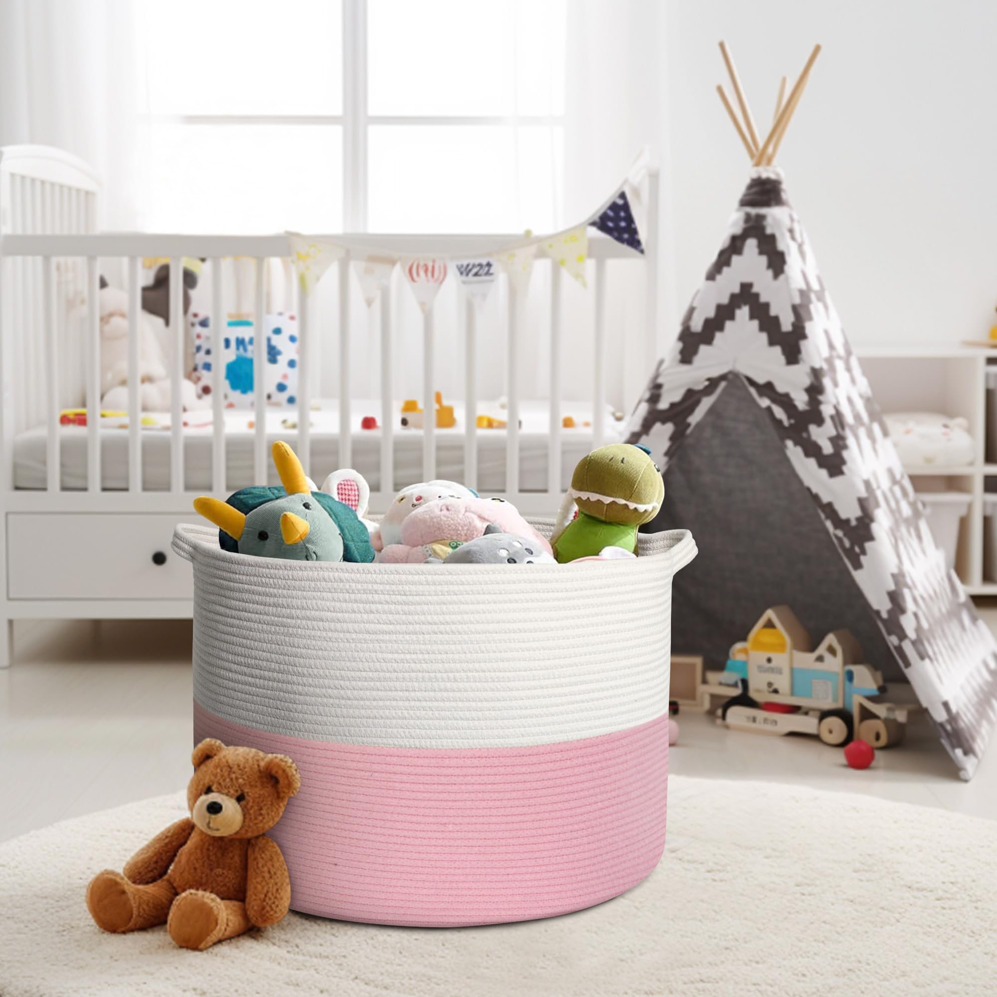 HONCESTA Extra Large Pink Cotton Rope Storage Basket — 22x22x14 in