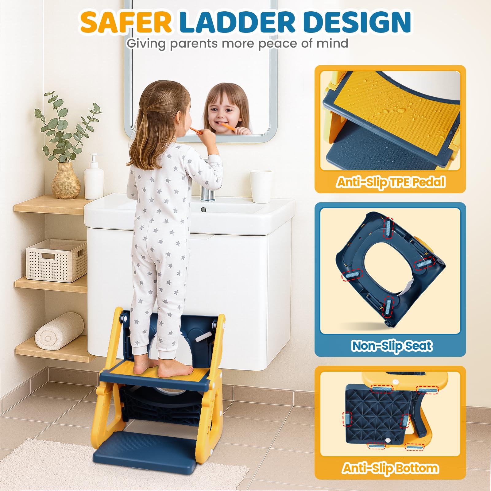 Potty Training Toilet, 2-IN-1 Toddler Potty Training Seats for Kids Baby Infant Boys Girls, Adjustable Potty Seat with ladder, Splash Guard, Anti-Slip Pad and Safety Handle, Blue Yellow